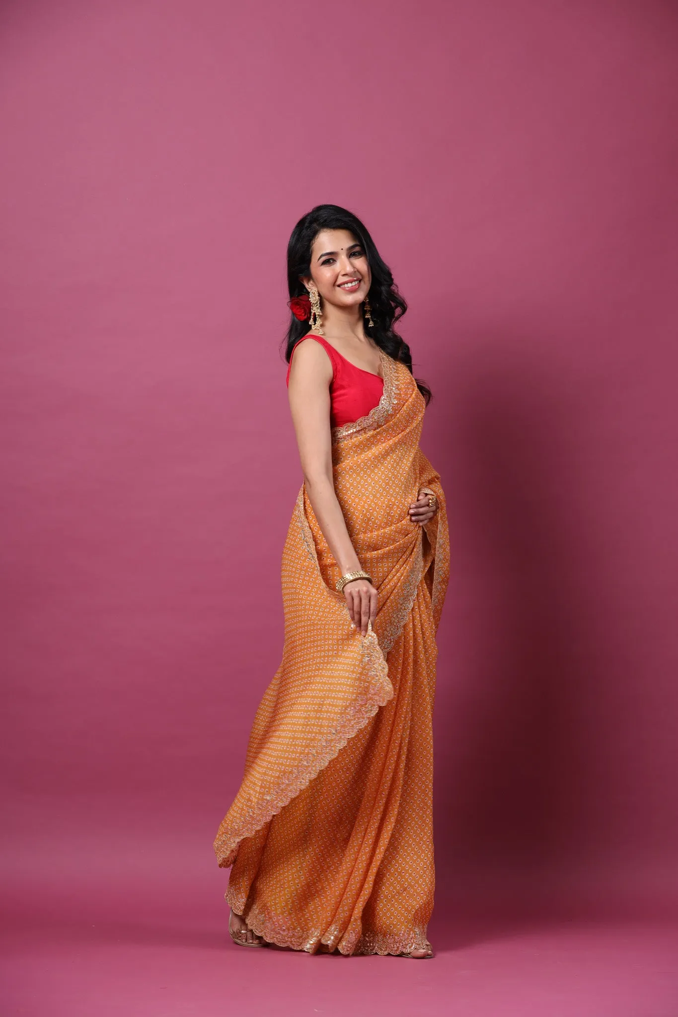 90Z563-RO Orange Printed Organza Saree with Embroidered Border