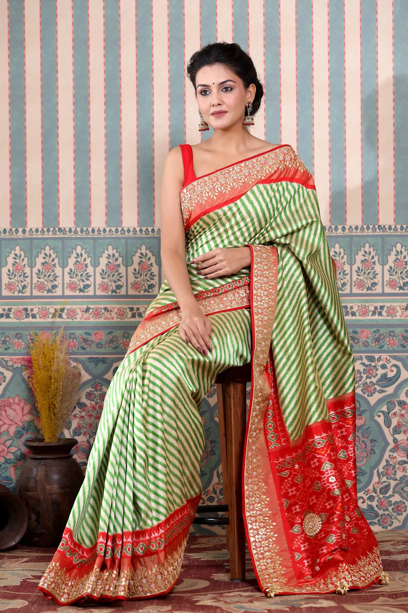 90Z599-RO Green and Cream Patola Silk Sari with Embroidered Border