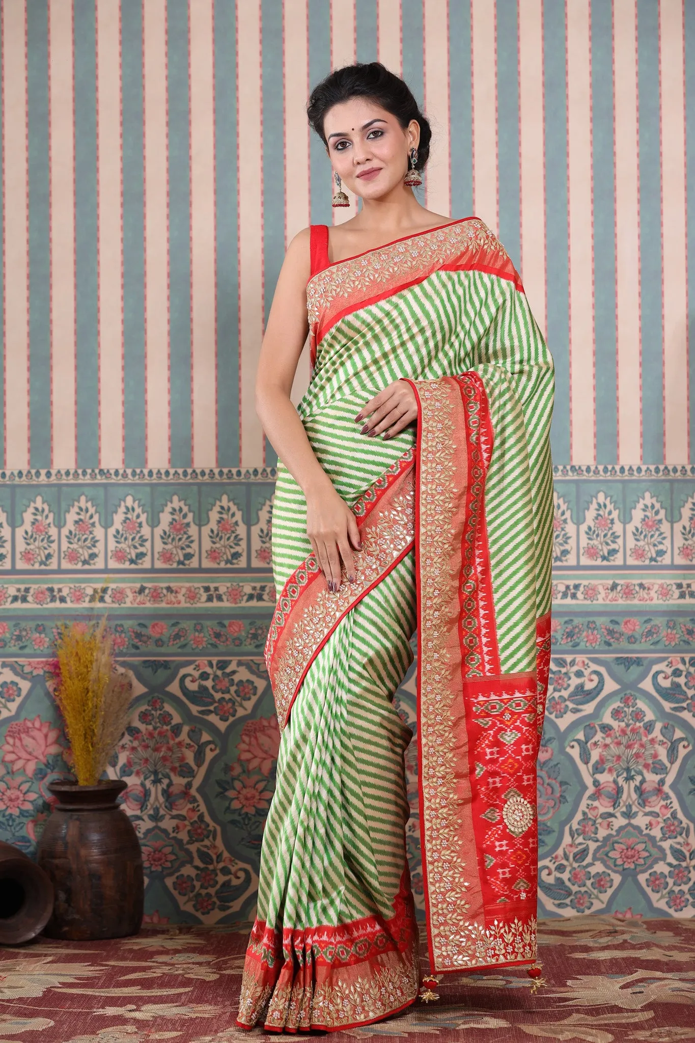 90Z599-RO Green and Cream Patola Silk Sari with Embroidered Border