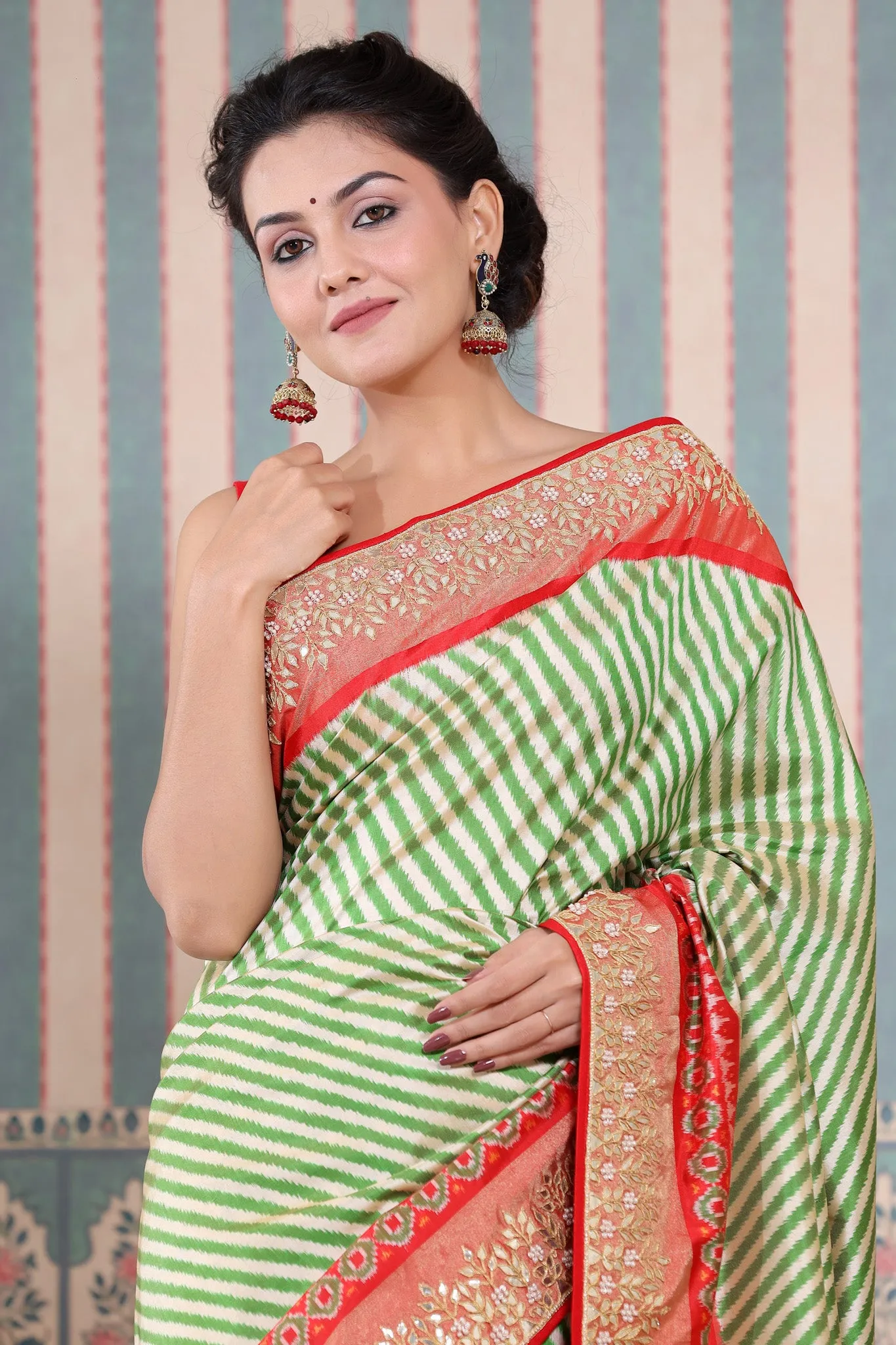 90Z599-RO Green and Cream Patola Silk Sari with Embroidered Border