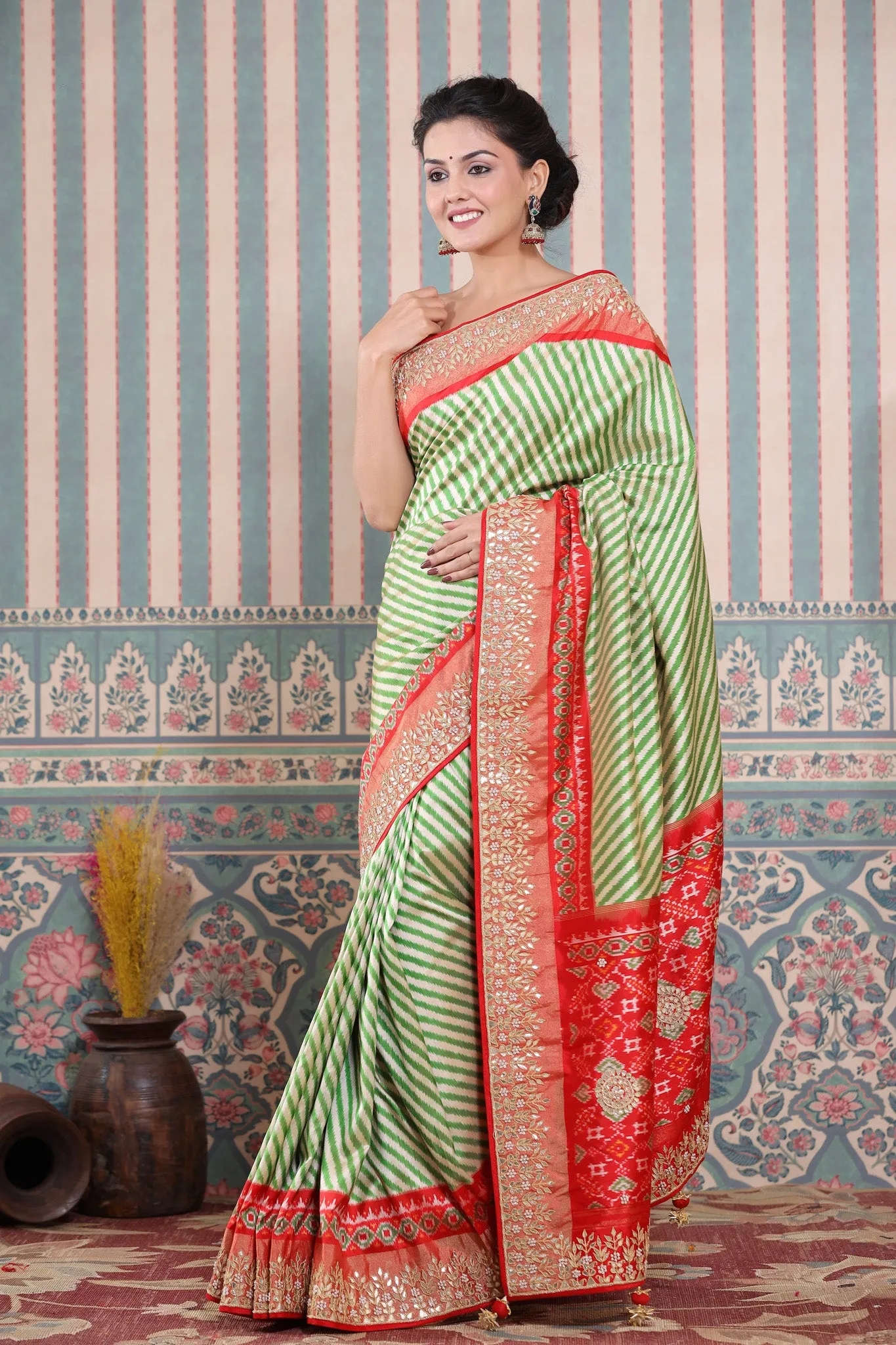 90Z599-RO Green and Cream Patola Silk Sari with Embroidered Border