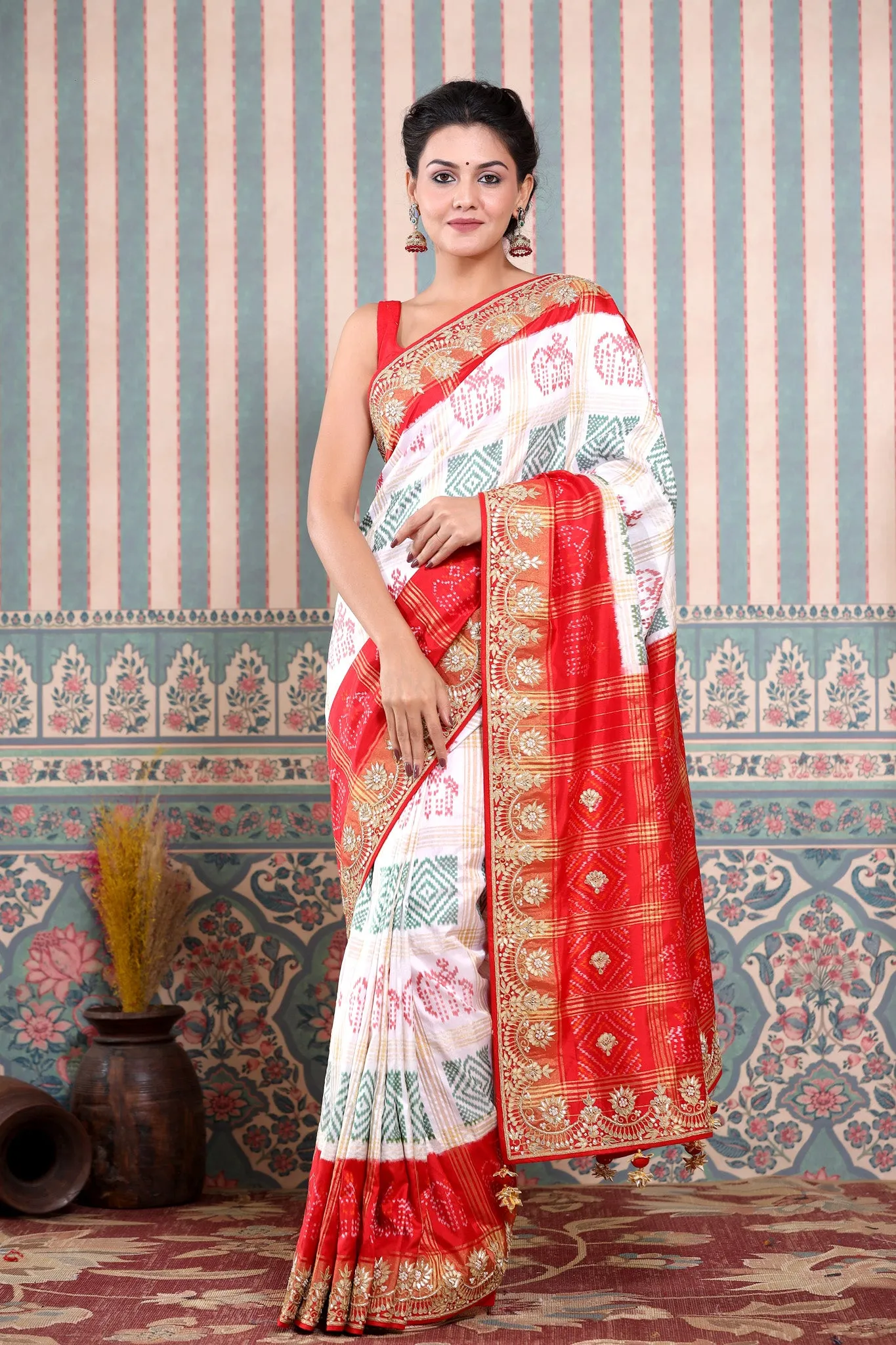 90Z602-RO White Patola Silk Saree with Red Embroidered Border