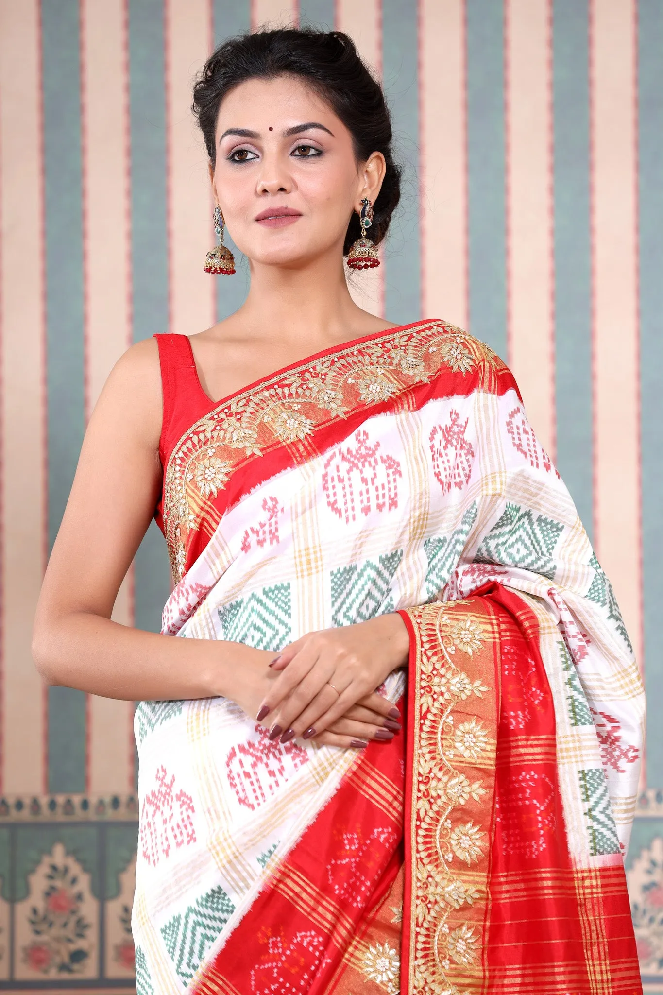 90Z602-RO White Patola Silk Saree with Red Embroidered Border