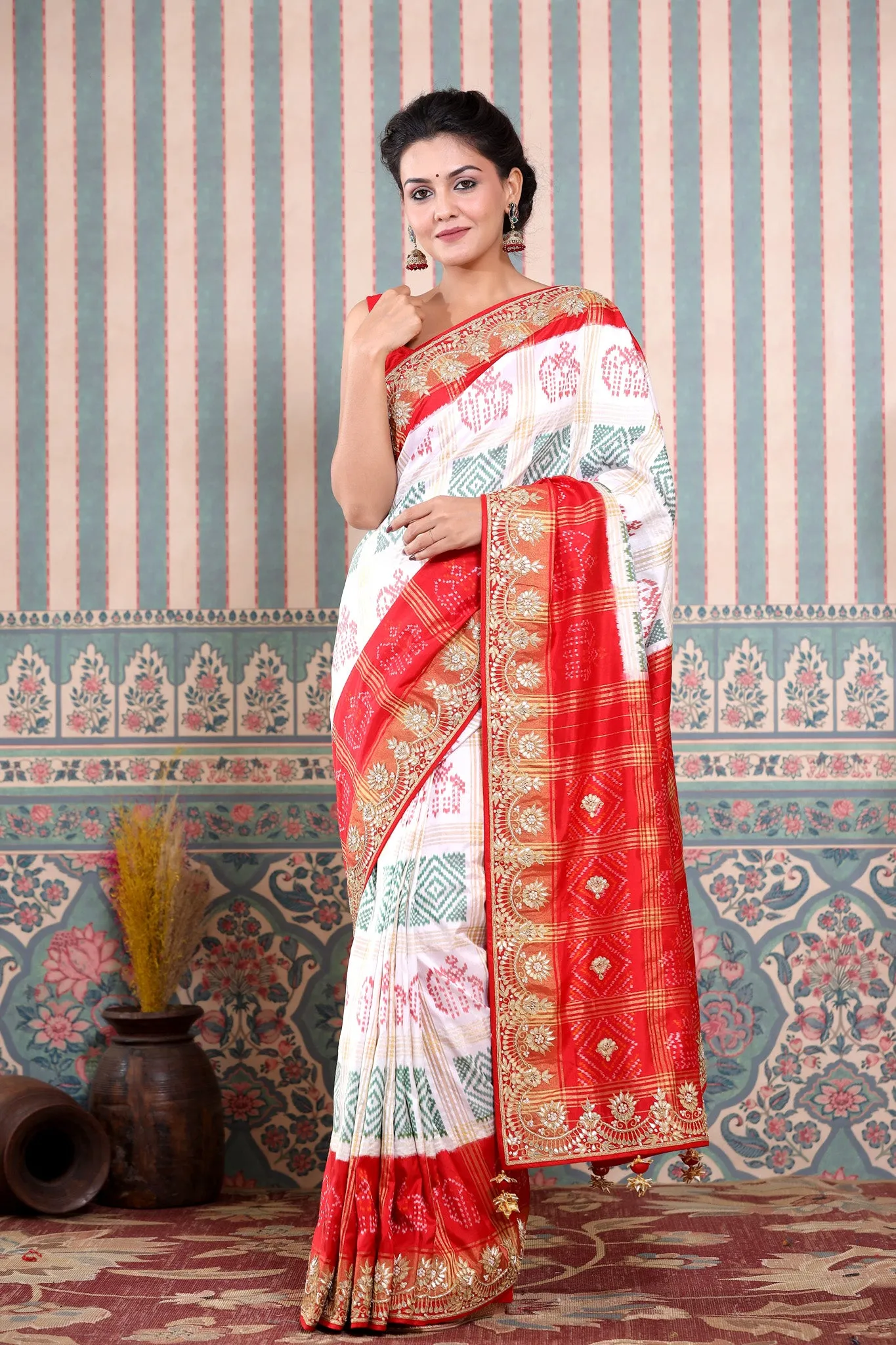 90Z602-RO White Patola Silk Saree with Red Embroidered Border