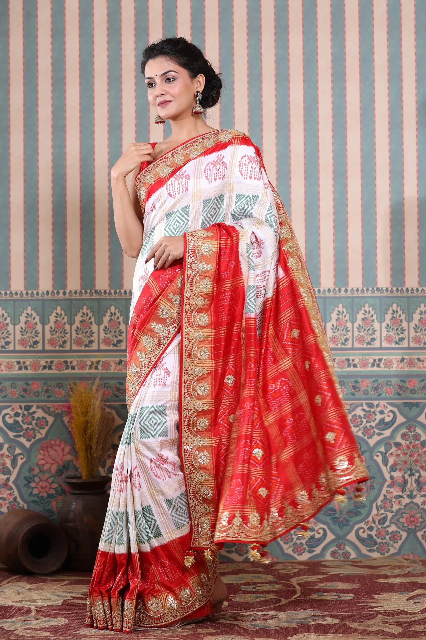 90Z602-RO White Patola Silk Saree with Red Embroidered Border