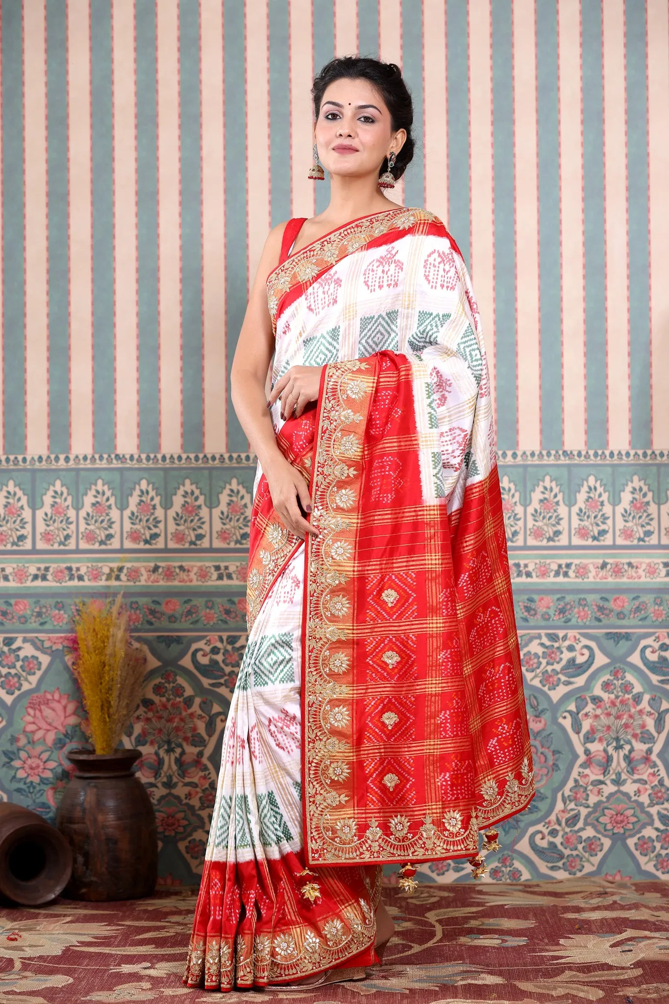 90Z602-RO White Patola Silk Saree with Red Embroidered Border