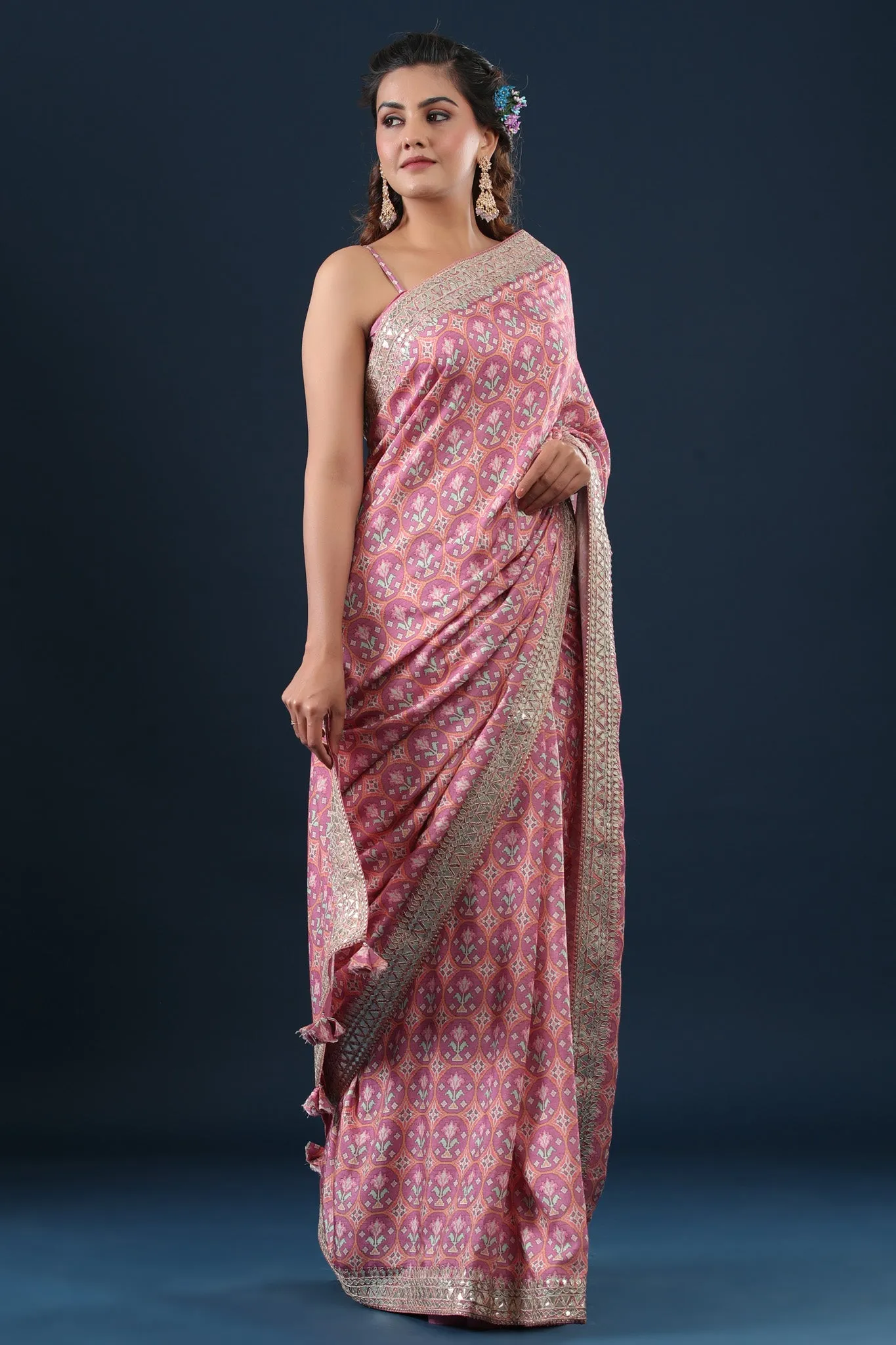 90Z657A-RO Pink Printed Mulberry Silk Sari with Embroidered Border