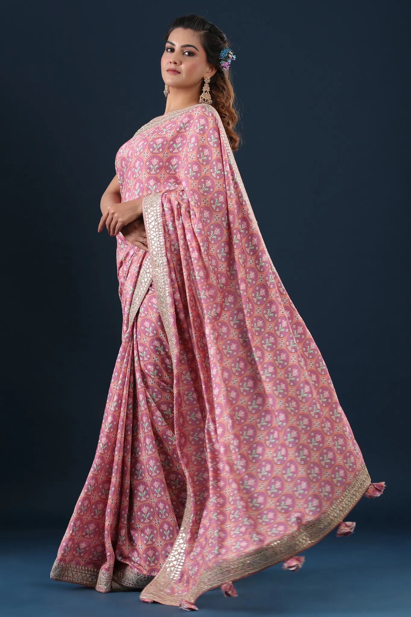 90Z657A-RO Pink Printed Mulberry Silk Sari with Embroidered Border