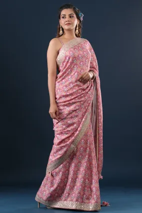 90Z657A-RO Pink Printed Mulberry Silk Sari with Embroidered Border