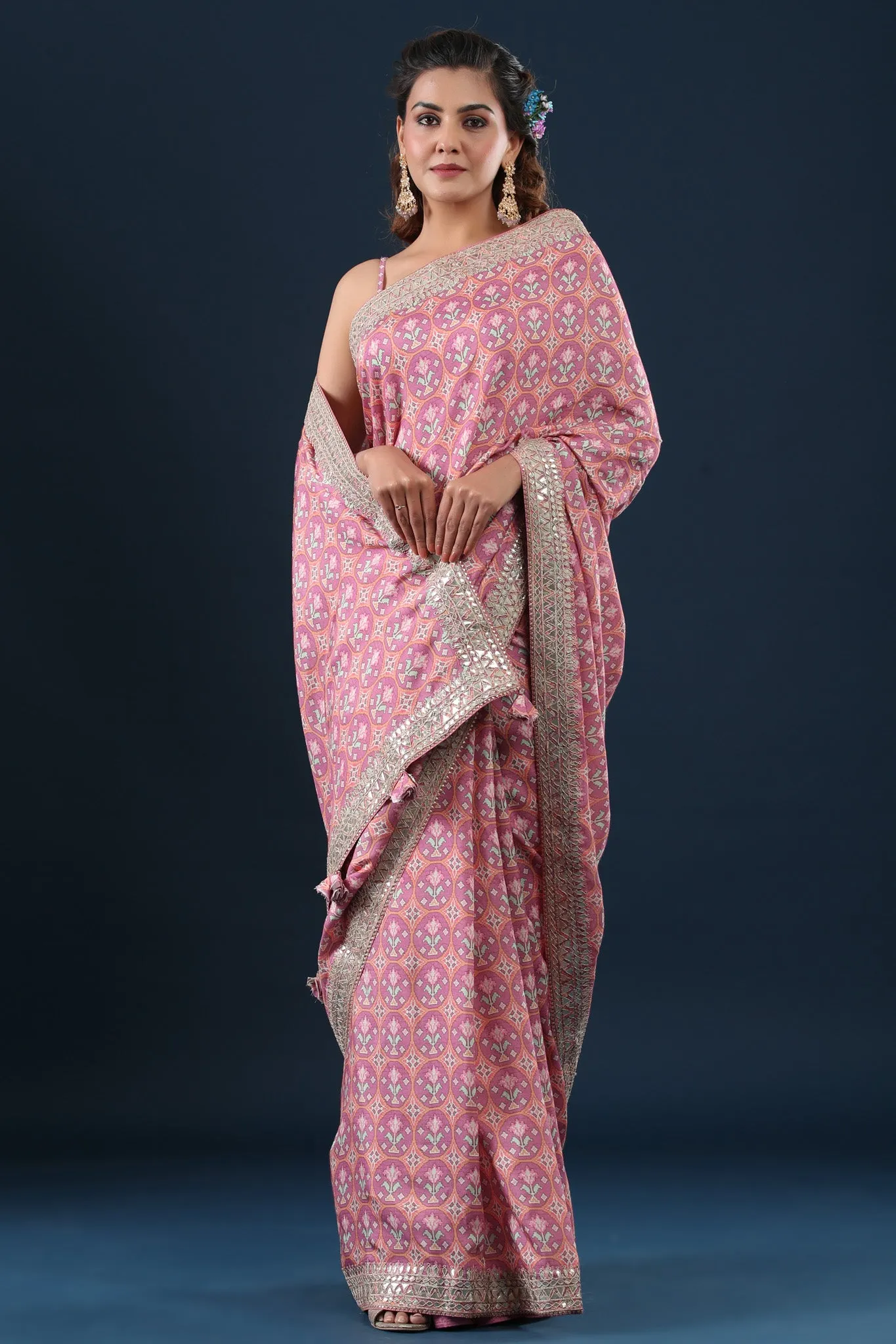 90Z657A-RO Pink Printed Mulberry Silk Sari with Embroidered Border