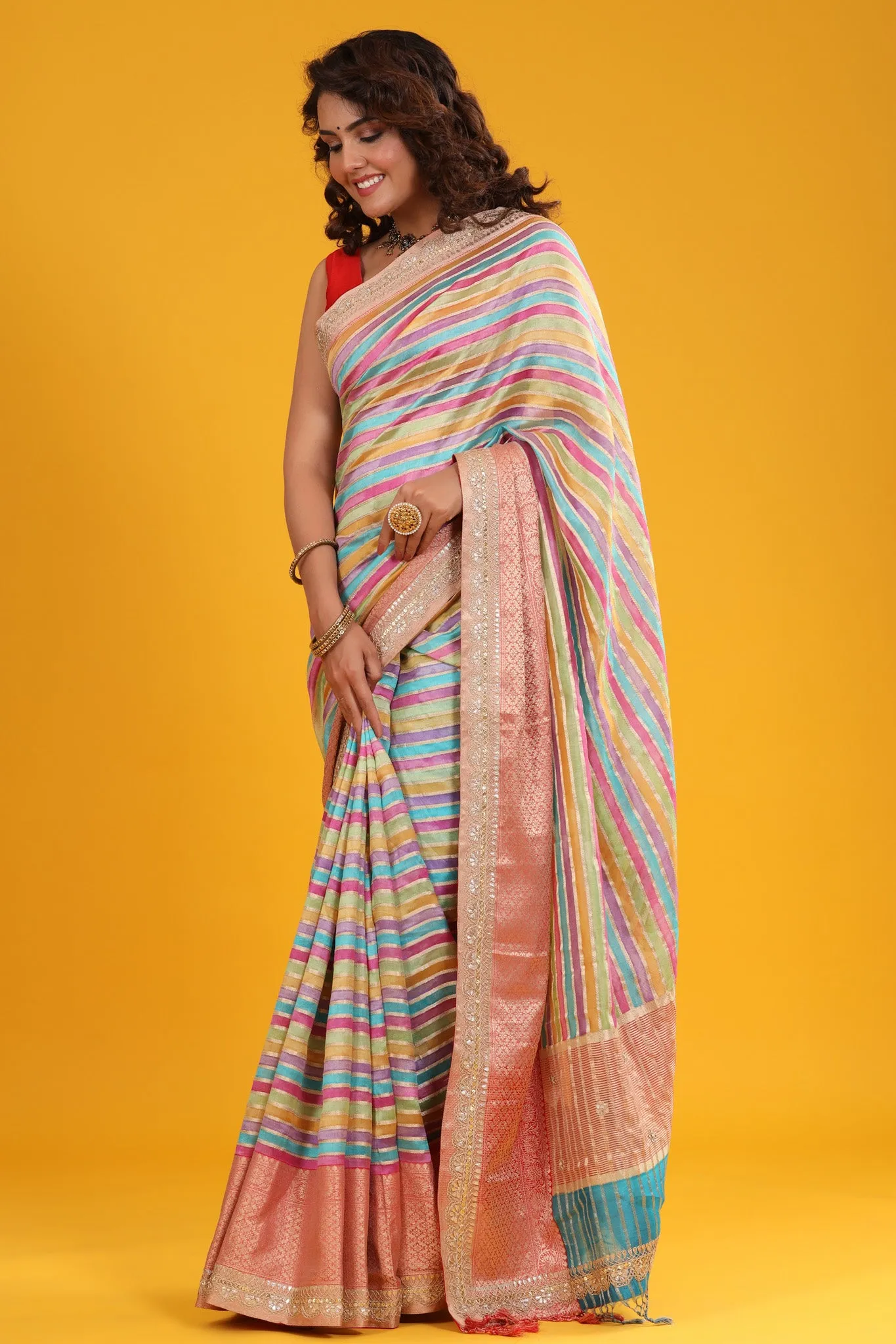 90Z673-RO Pastel Multicolor Tussar Silk Sari with Embroidered Zari Border