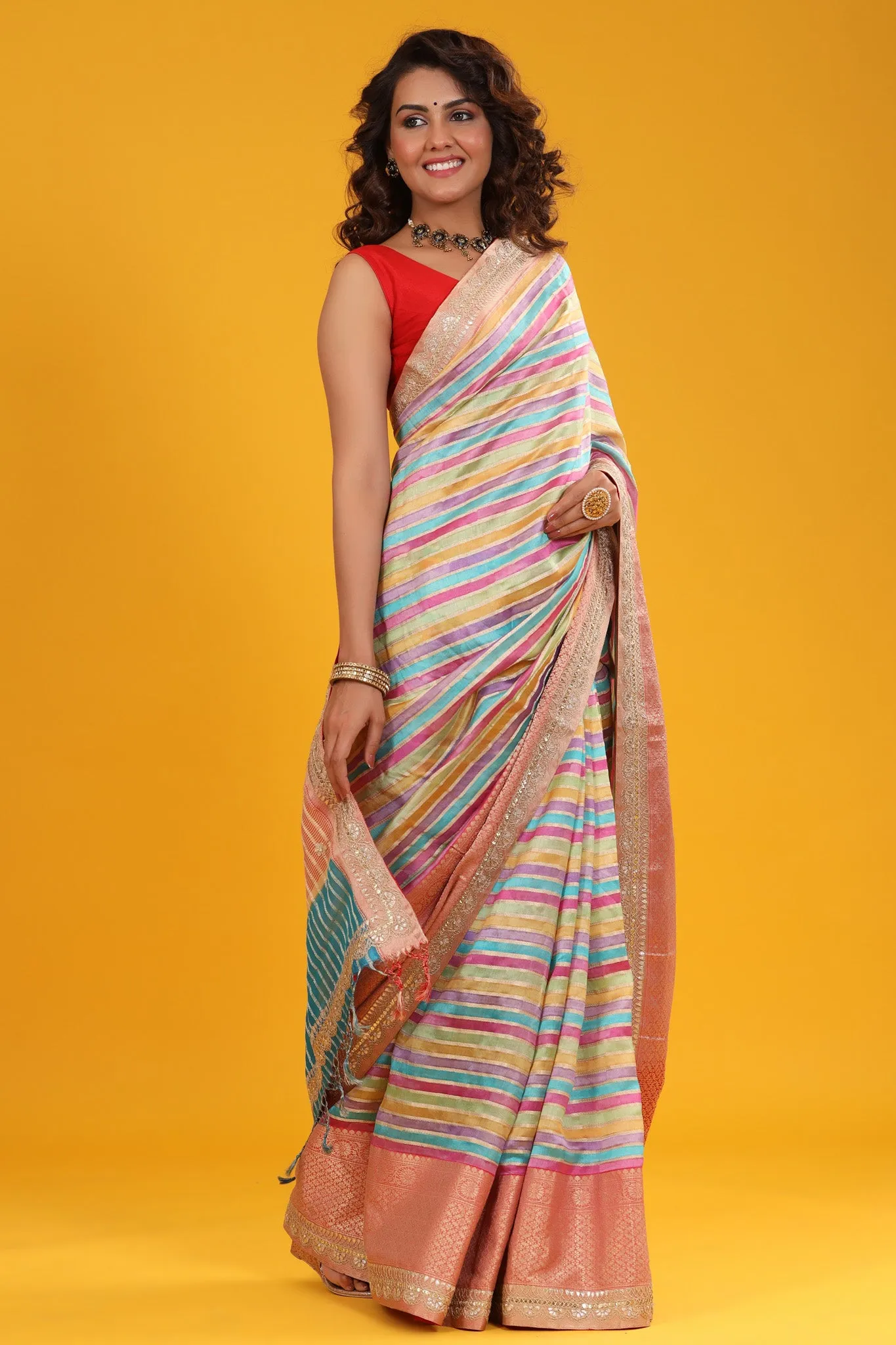 90Z673-RO Pastel Multicolor Tussar Silk Sari with Embroidered Zari Border