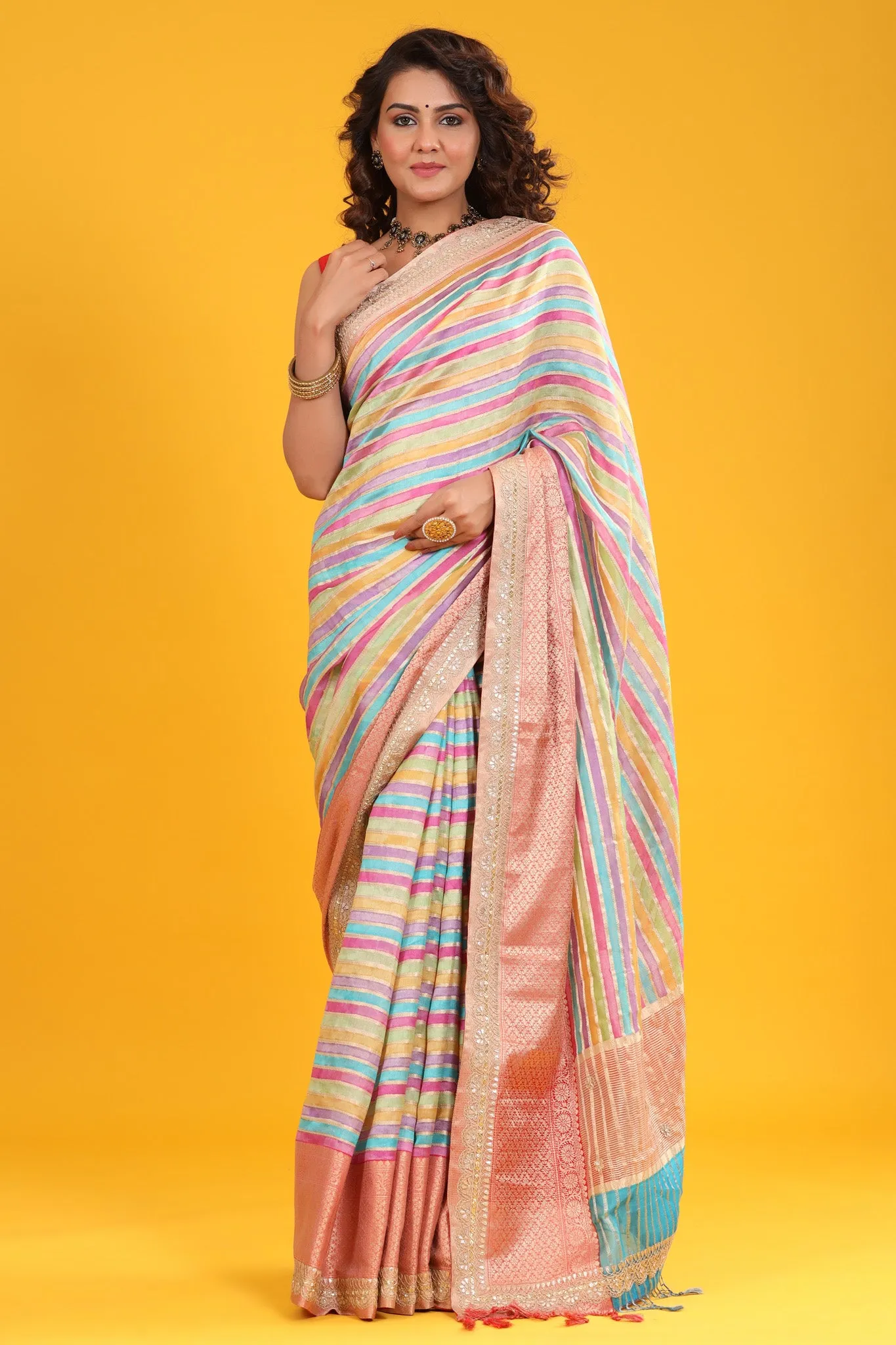 90Z673-RO Pastel Multicolor Tussar Silk Sari with Embroidered Zari Border