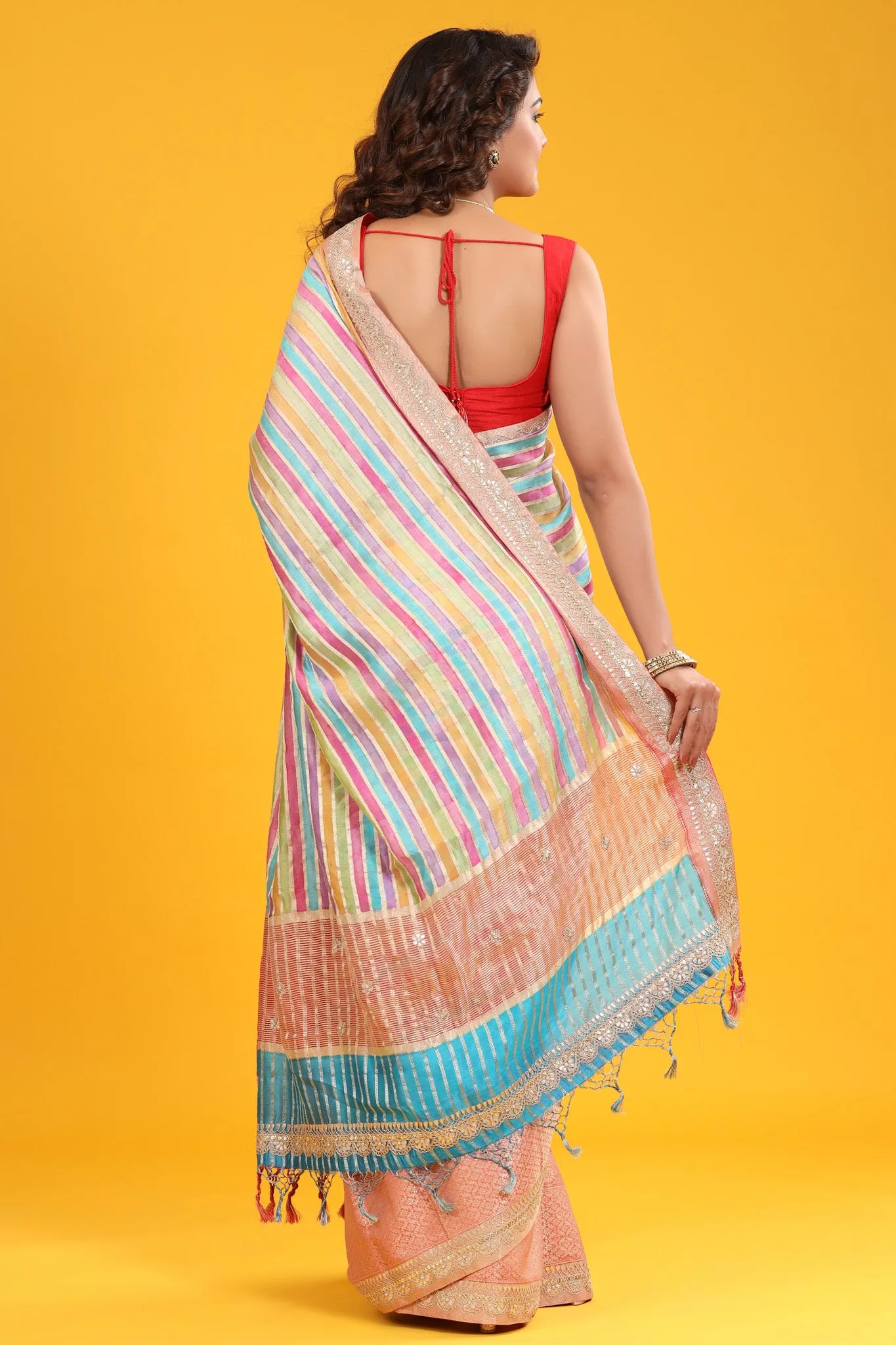 90Z673-RO Pastel Multicolor Tussar Silk Sari with Embroidered Zari Border