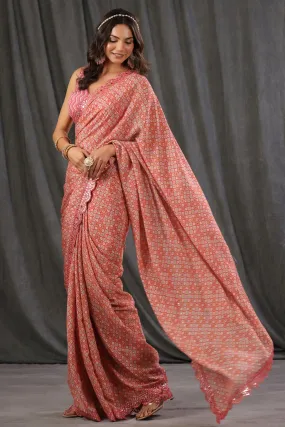 90Z698-RO Pink Printed Crepe Georgette Sari with Scalloped Border