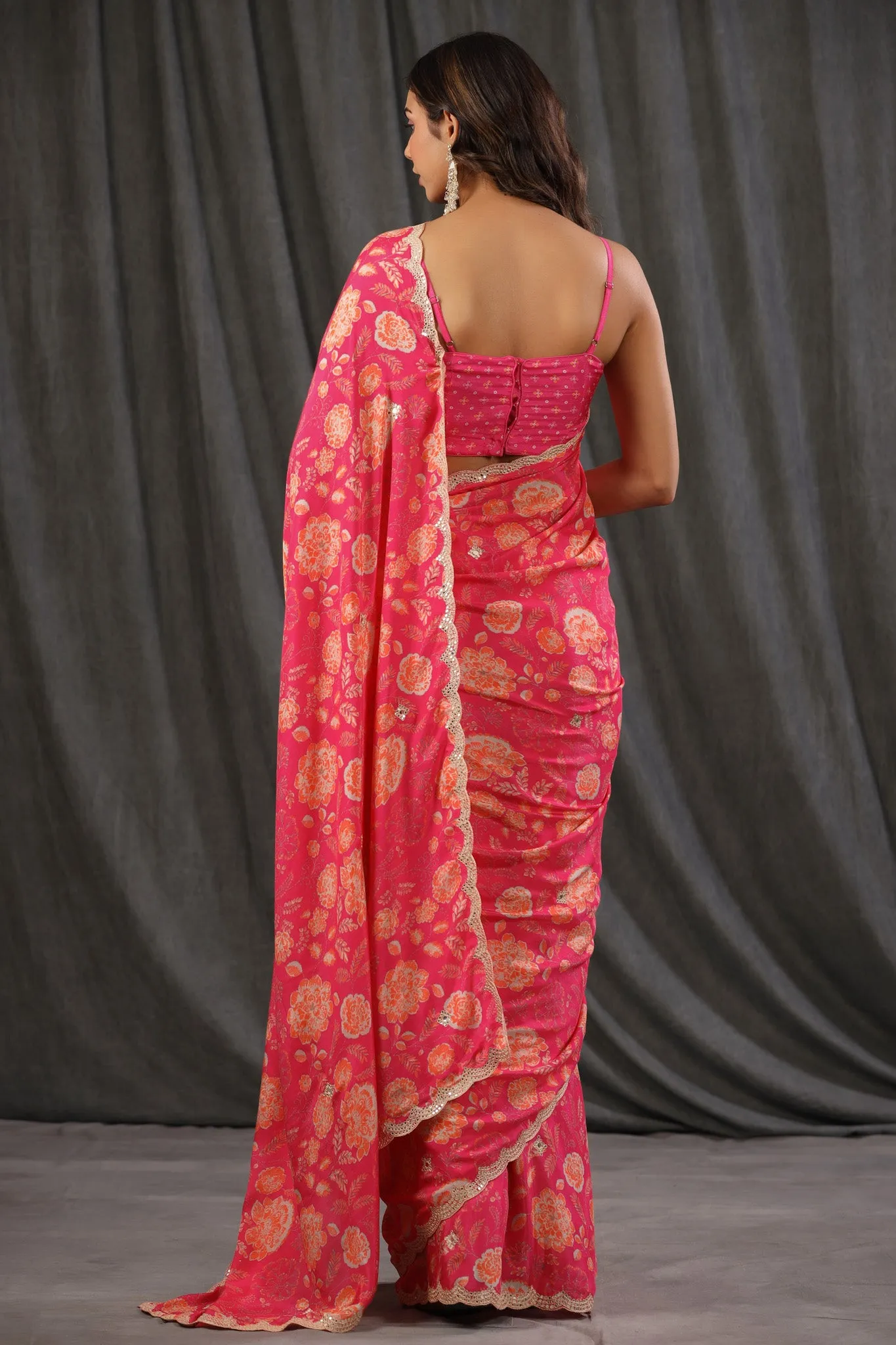 90Z706-NRO Pink Floral Print Crepe Georgette Sari