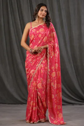 90Z706-NRO Pink Floral Print Crepe Georgette Sari