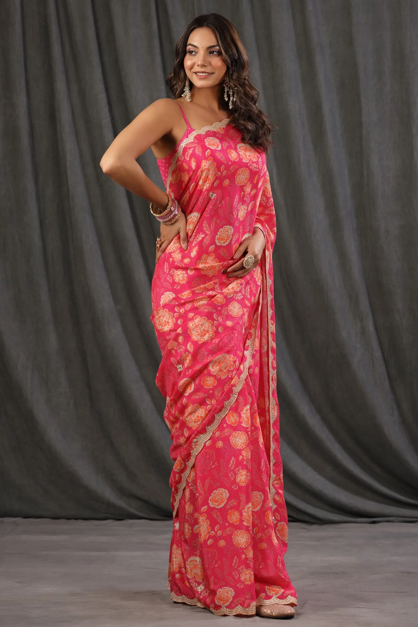 90Z706-NRO Pink Floral Print Crepe Georgette Sari