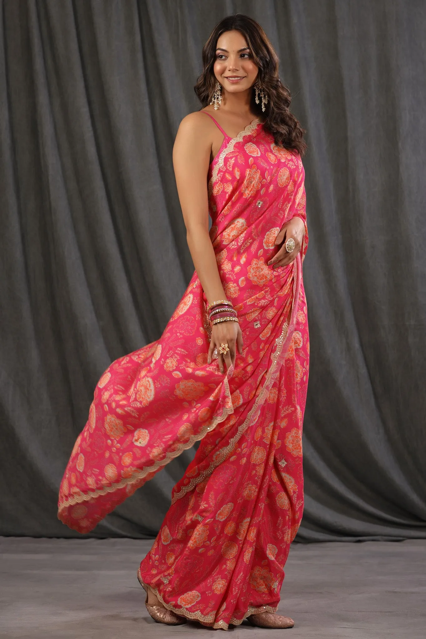 90Z706-NRO Pink Floral Print Crepe Georgette Sari