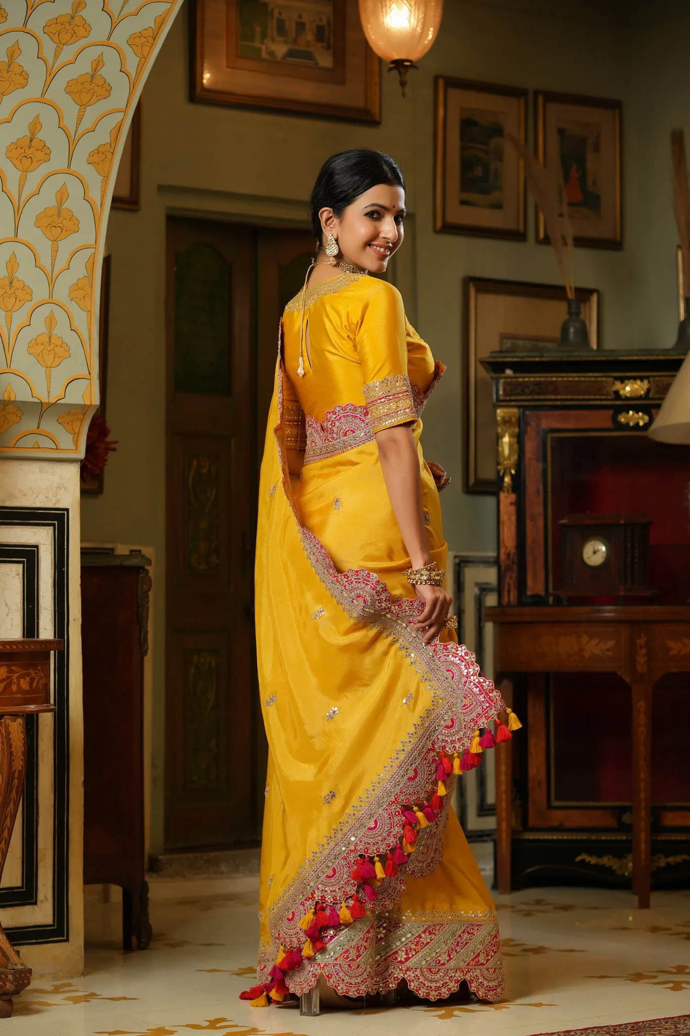 90Z743-RO Yellow Silk Saree with Heavy Embroidery Scalloped Border