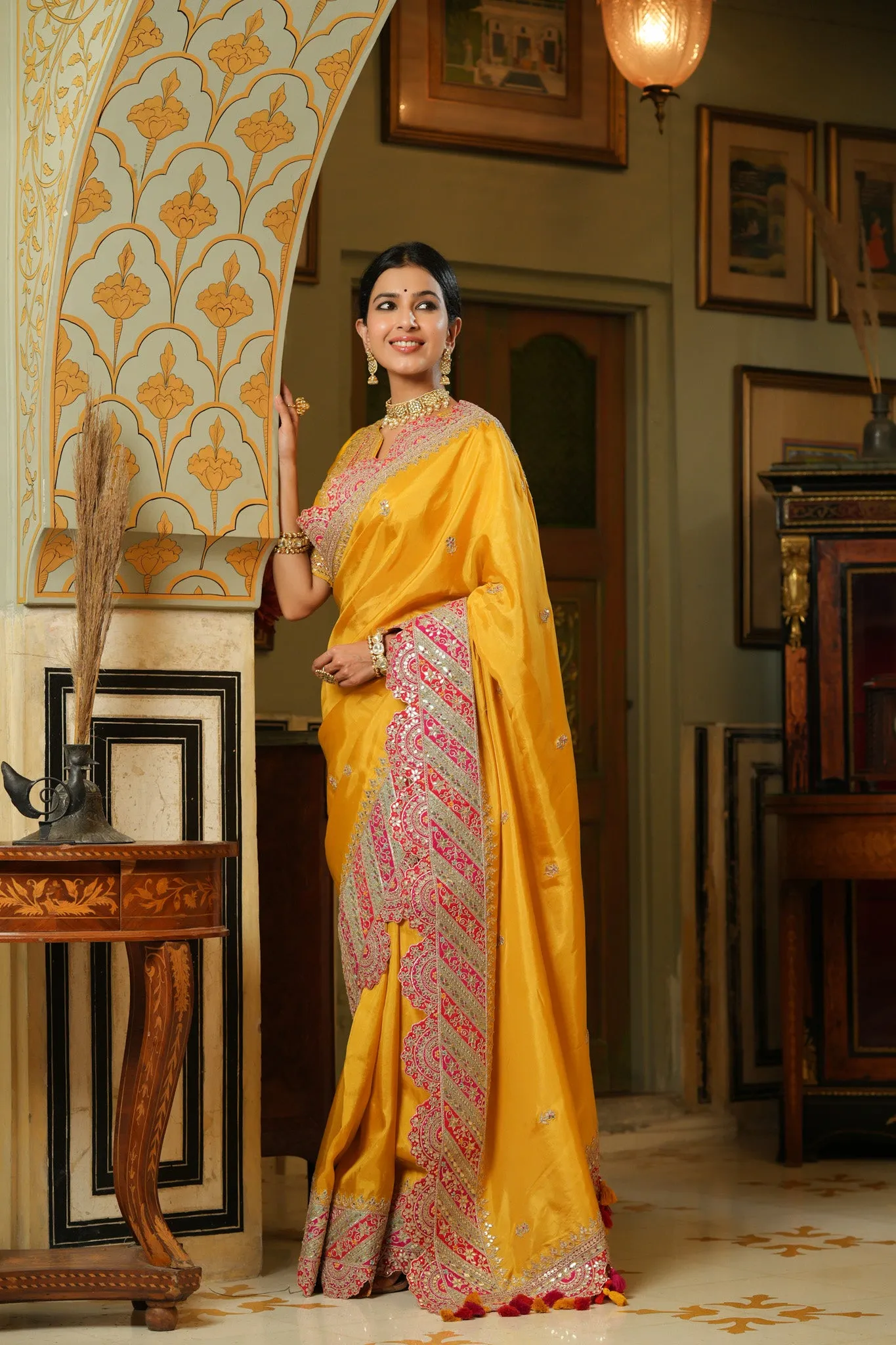 90Z743-RO Yellow Silk Saree with Heavy Embroidery Scalloped Border