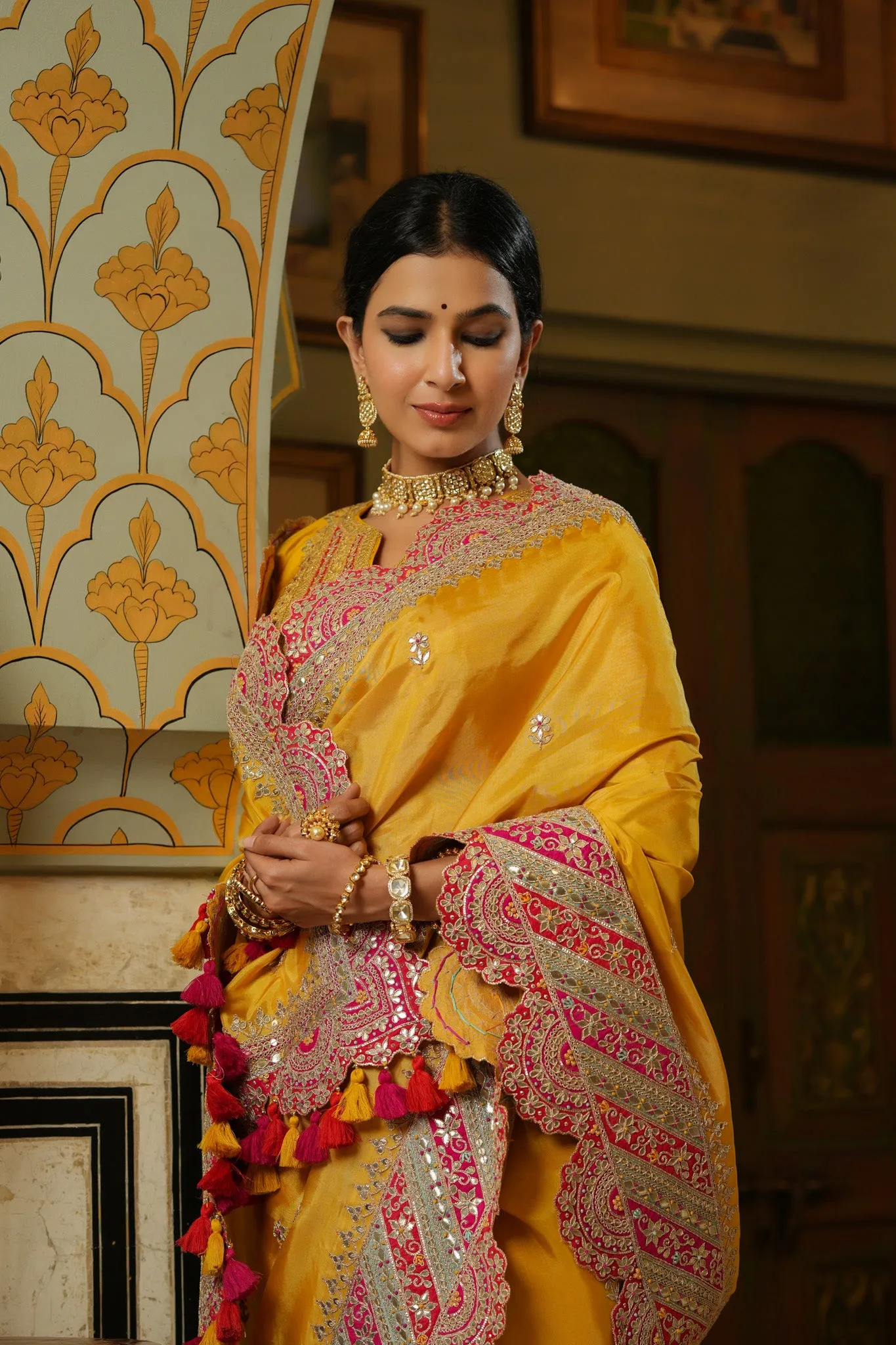 90Z743-RO Yellow Silk Saree with Heavy Embroidery Scalloped Border