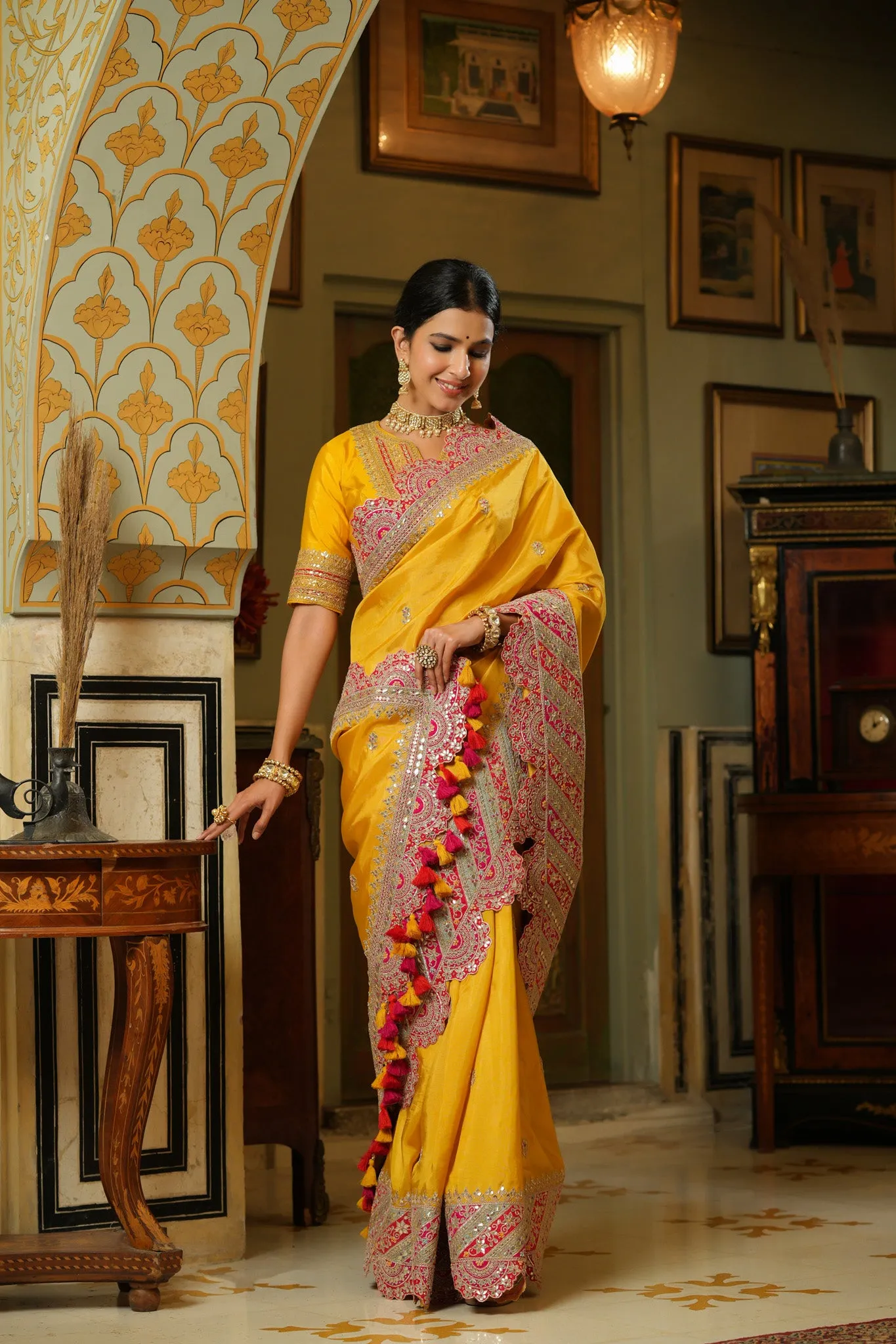 90Z743-RO Yellow Silk Saree with Heavy Embroidery Scalloped Border