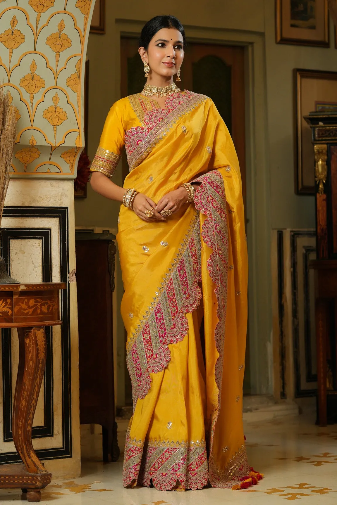 90Z743-RO Yellow Silk Saree with Heavy Embroidery Scalloped Border