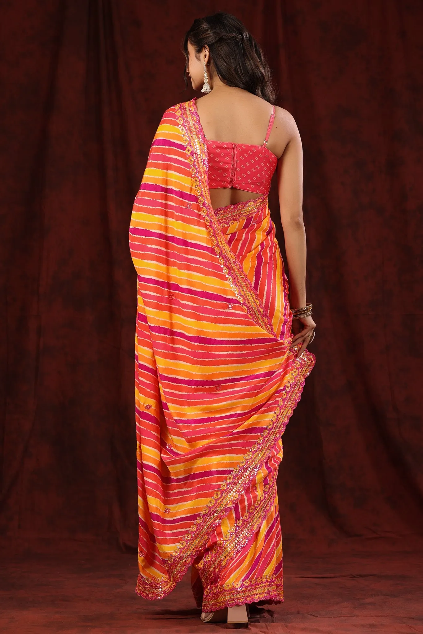 90Z784-RO Multicolor Stripes Crepe Saree with Embroidered Border