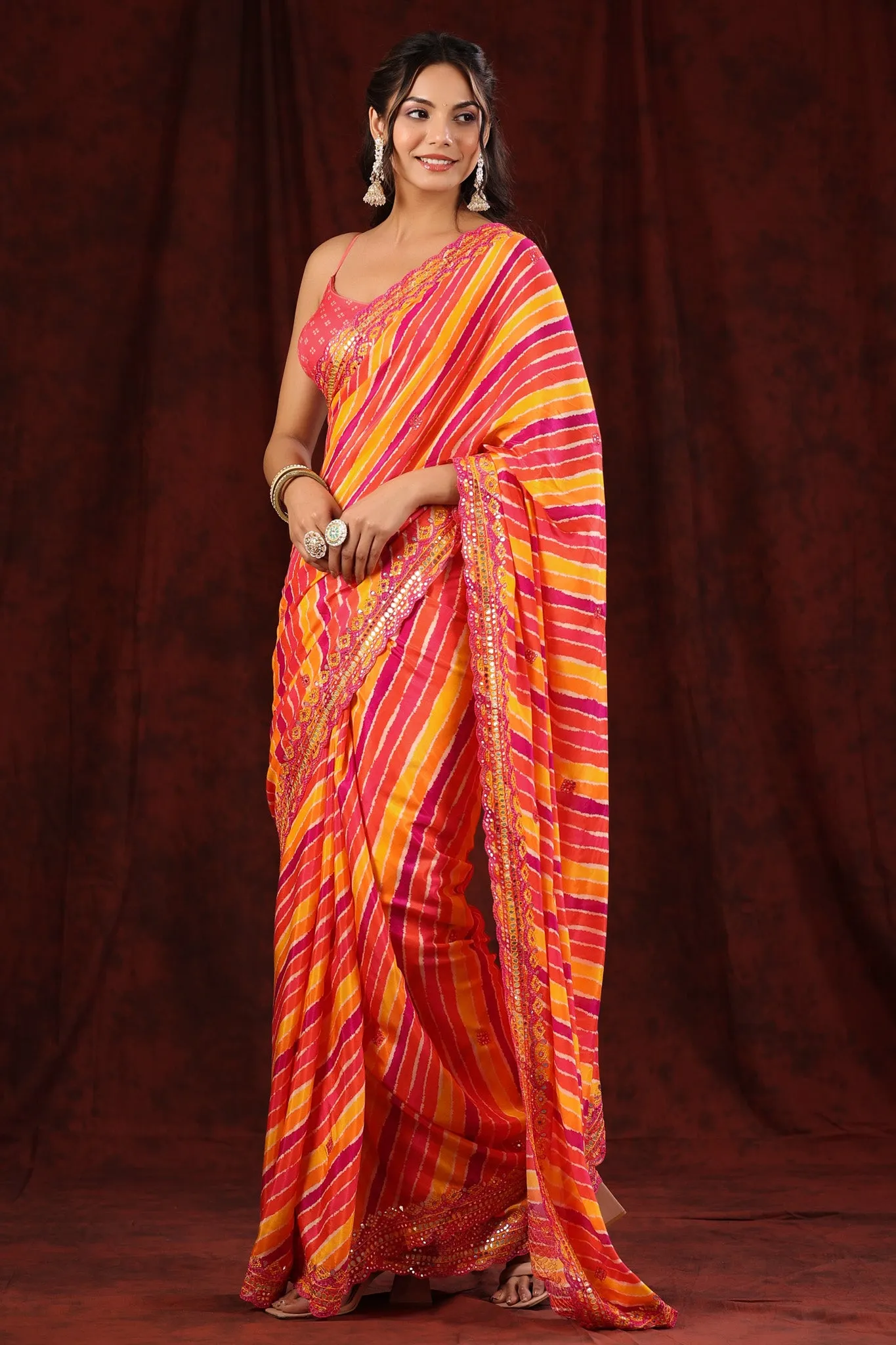 90Z784-RO Multicolor Stripes Crepe Saree with Embroidered Border