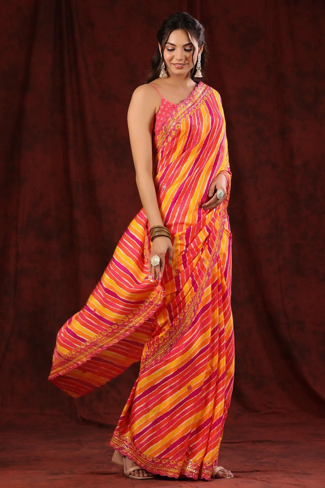 90Z784-RO Multicolor Stripes Crepe Saree with Embroidered Border