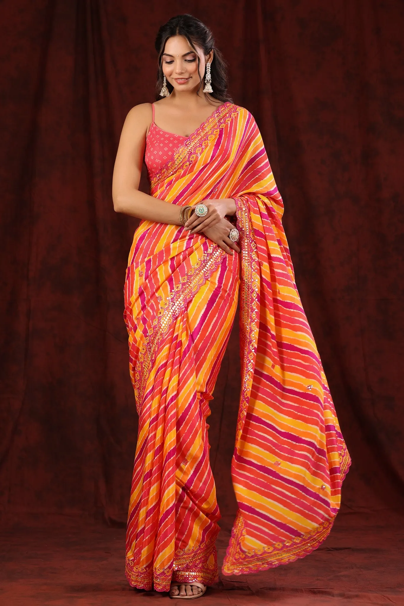 90Z784-RO Multicolor Stripes Crepe Saree with Embroidered Border