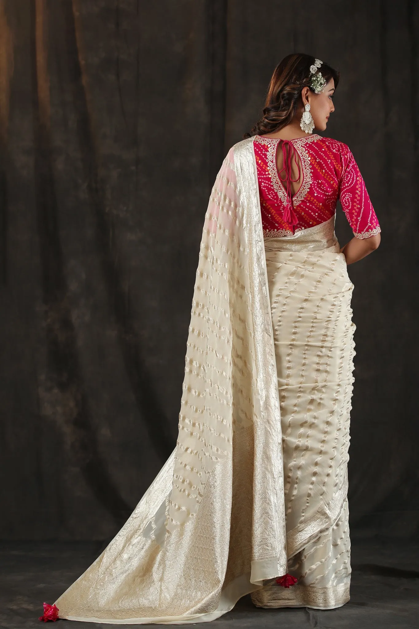 90Z814-RO Cream Georgette Banarasi Saree with Zari Stripes