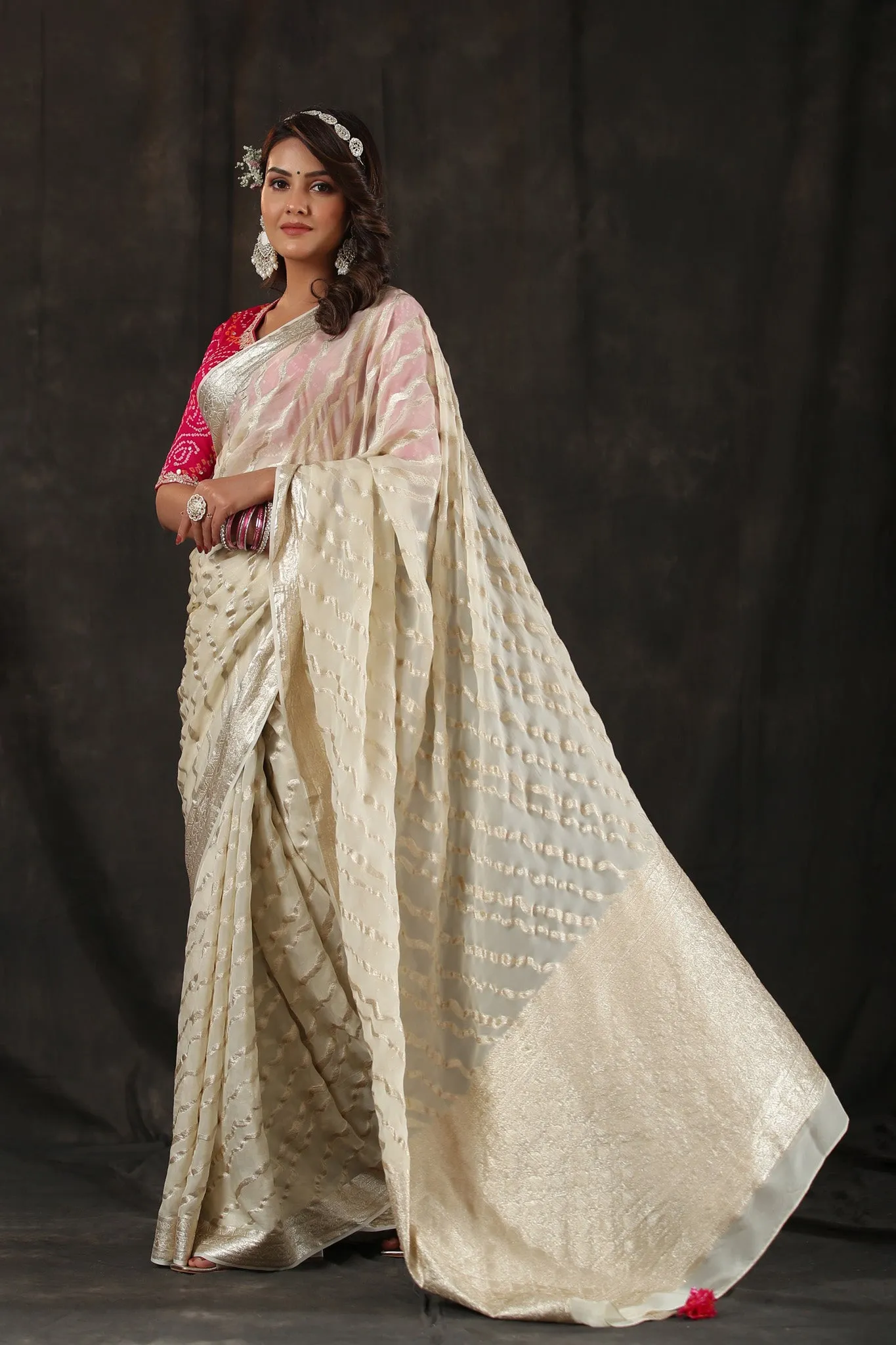 90Z814-RO Cream Georgette Banarasi Saree with Zari Stripes