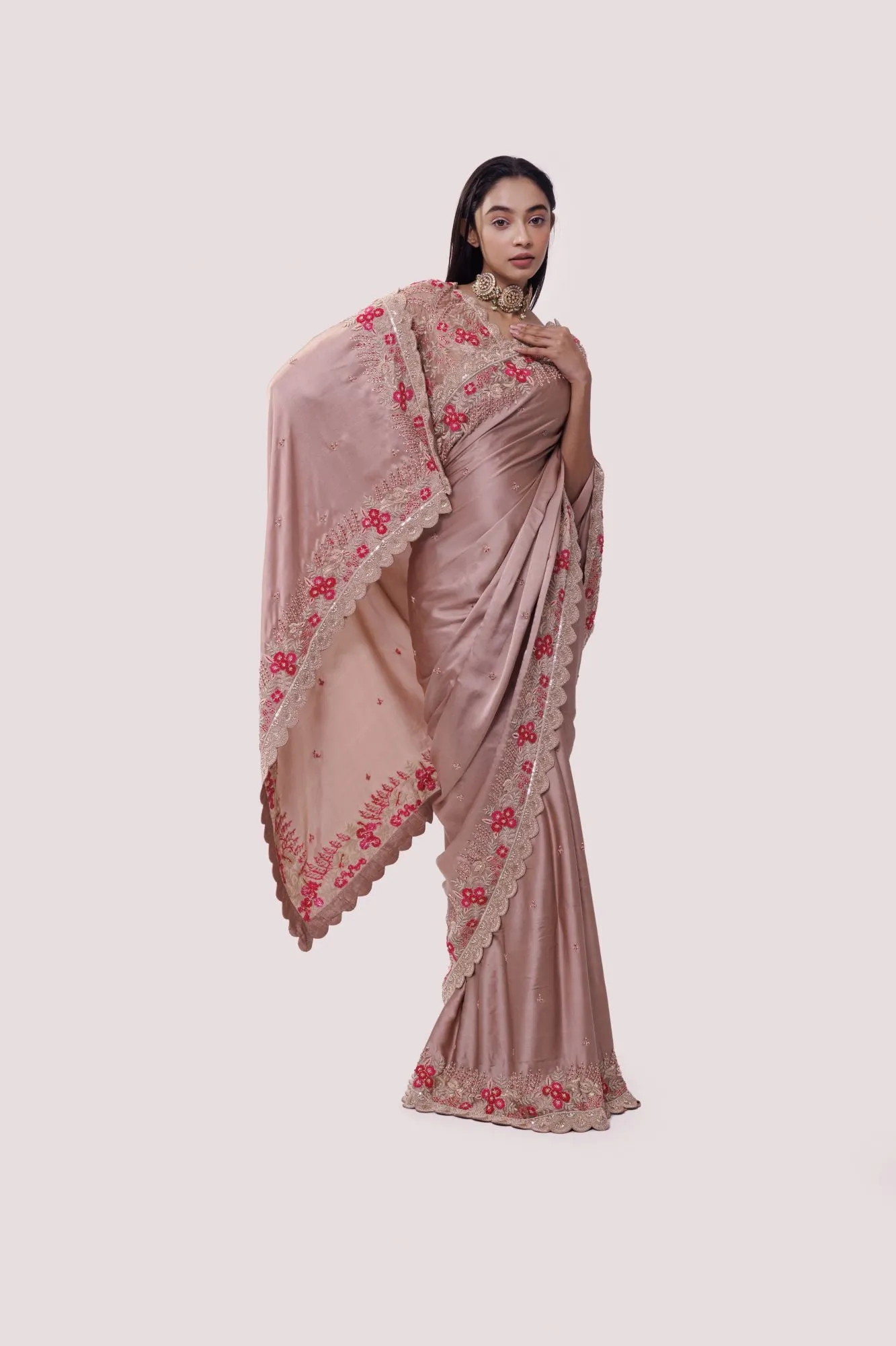 90Z838-RO Beige Silk Zari Work Saree with Blouse