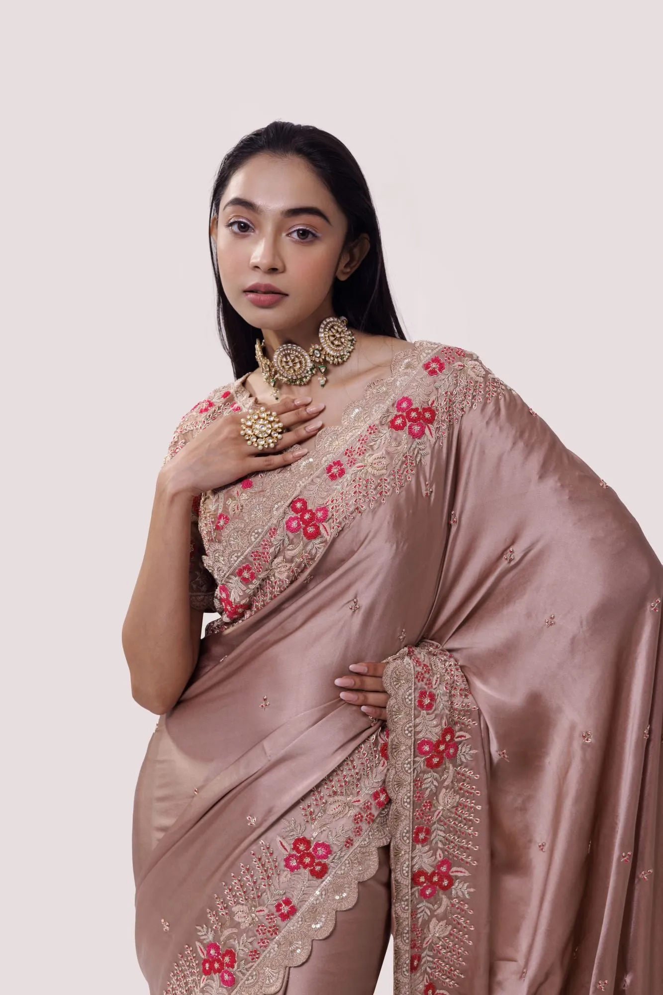 90Z838-RO Beige Silk Zari Work Saree with Blouse