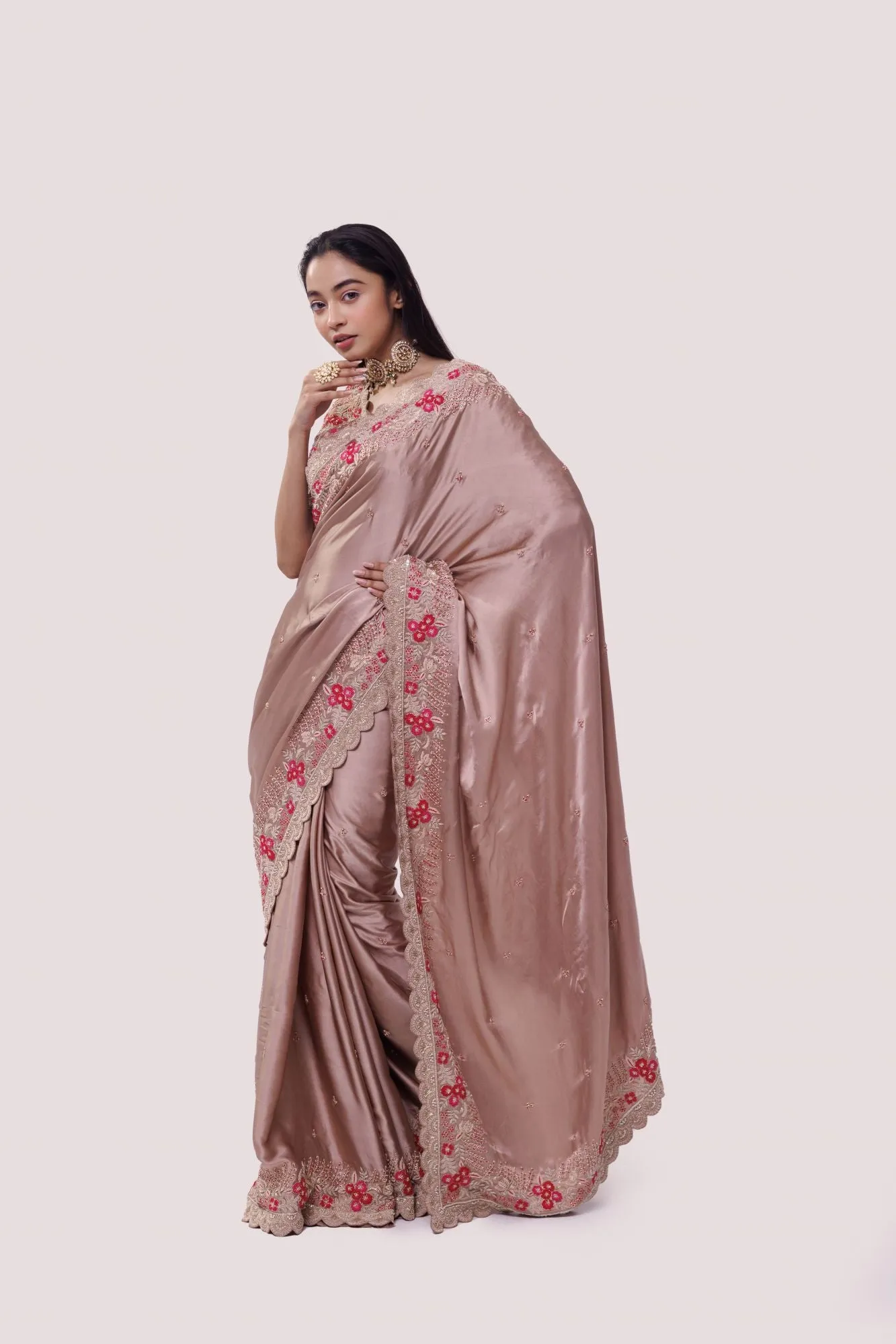 90Z838-RO Beige Silk Zari Work Saree with Blouse