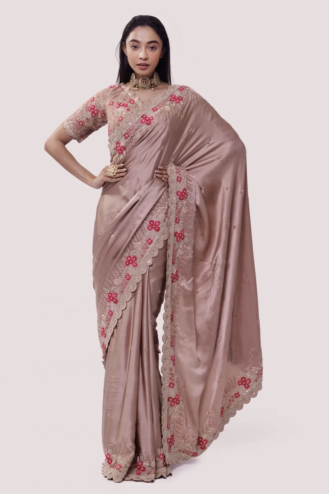 90Z838-RO Beige Silk Zari Work Saree with Blouse