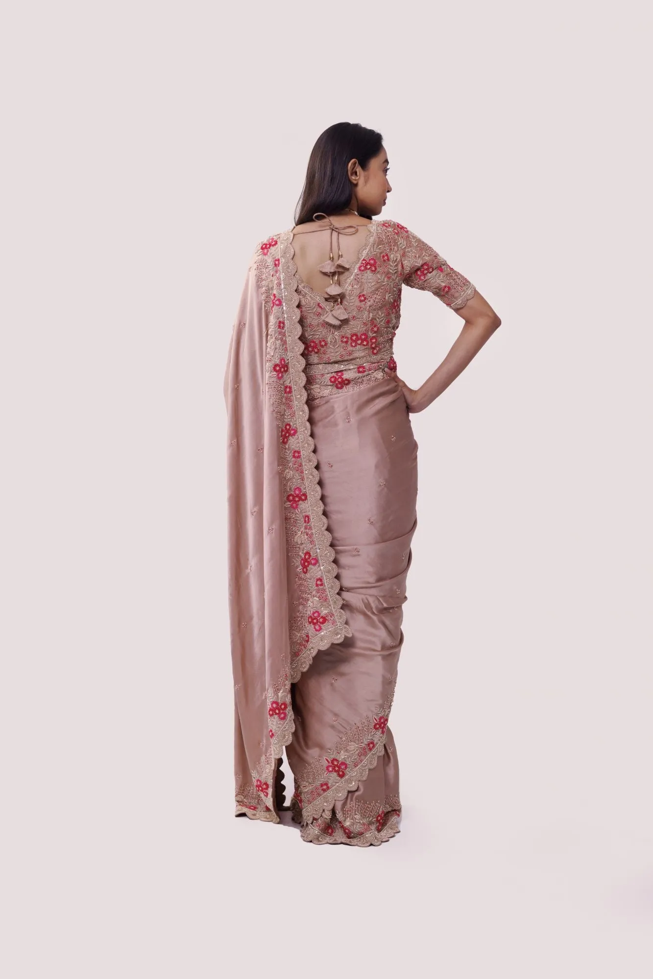 90Z838-RO Beige Silk Zari Work Saree with Blouse