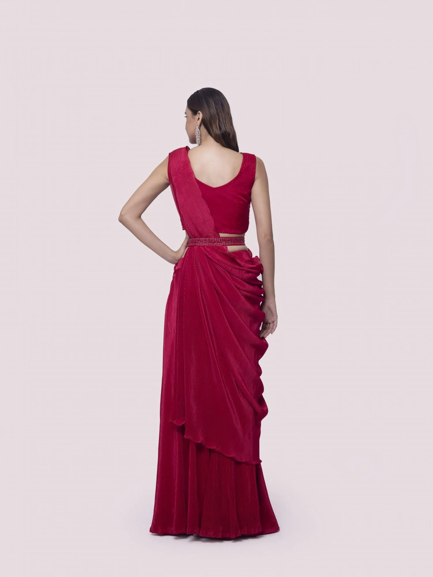 90Z880-RO Red Satin Print Pre stiched Saree Set