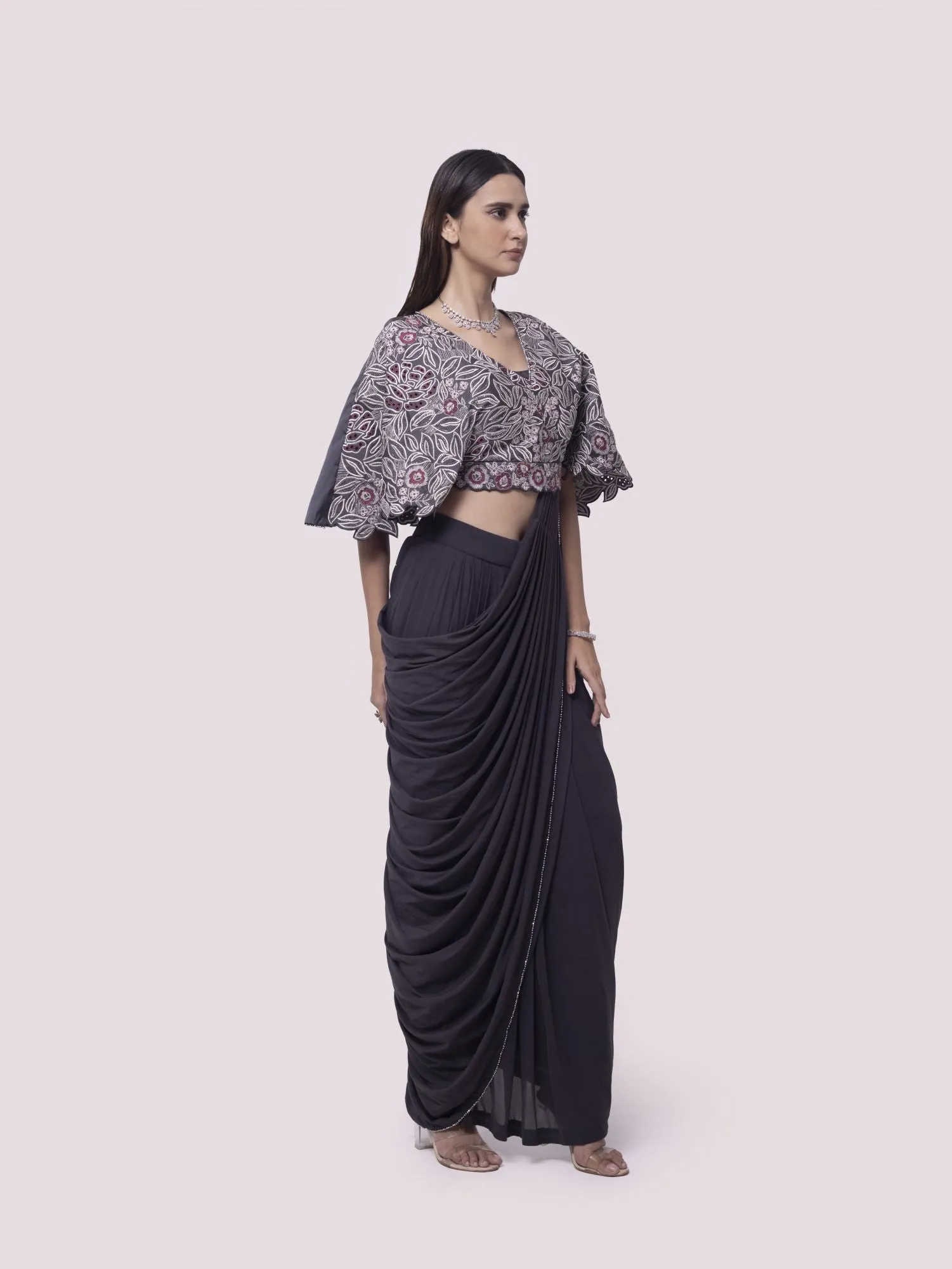 90Z892-RO Grey Pre Stiched Saree Set With Flared Blouse