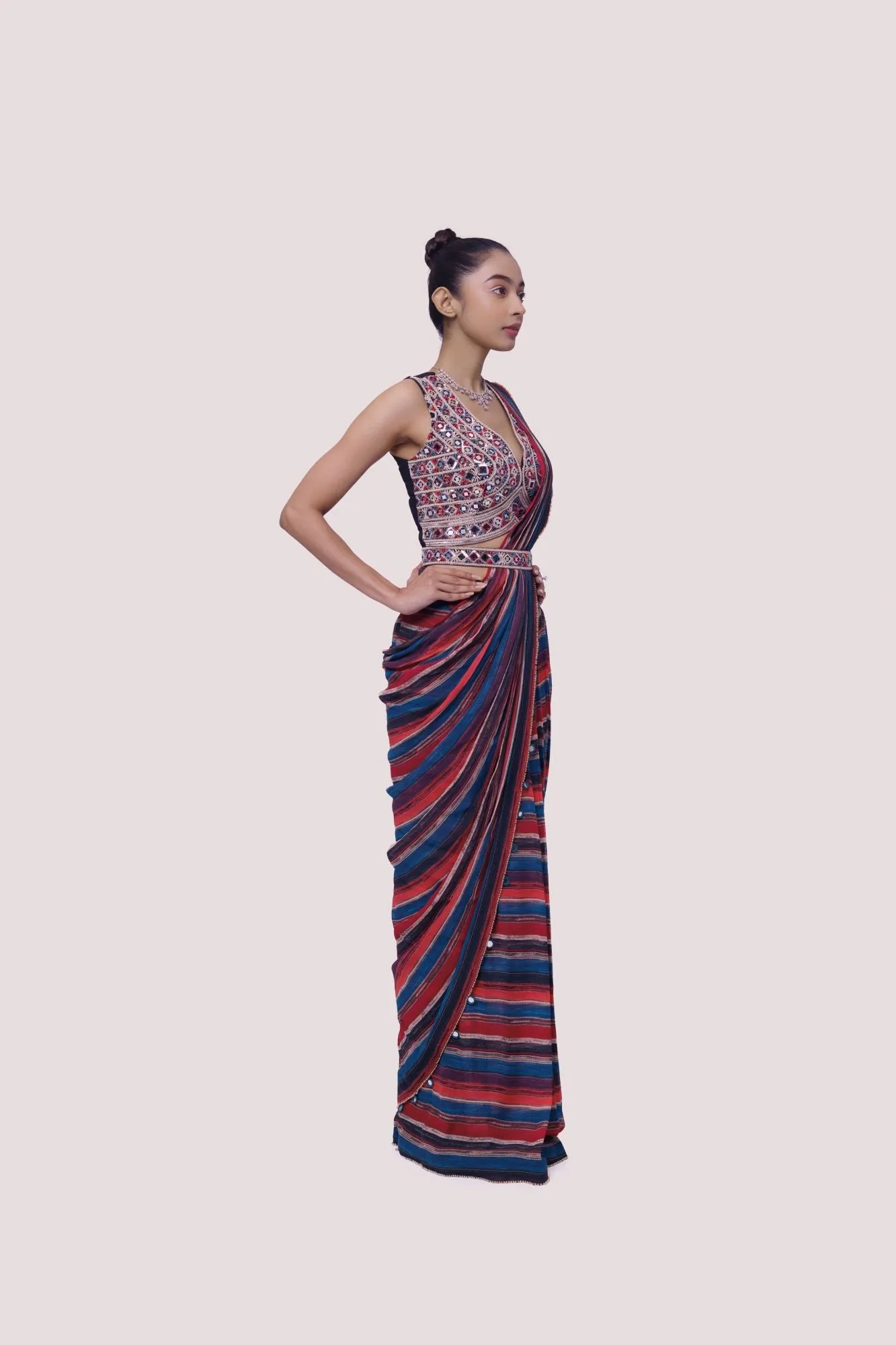 90Z901-RO Multcolor Pre Stiched Printed Saree Set