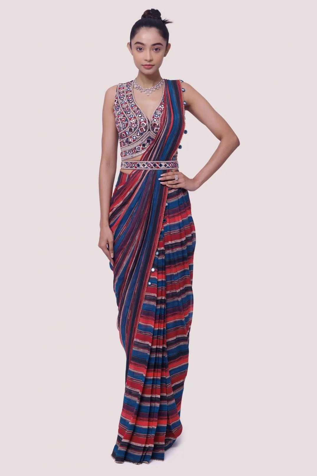 90Z901-RO Multcolor Pre Stiched Printed Saree Set