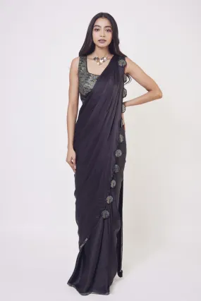 90Z957-RO Black Satin Pre Stiched Saree Set