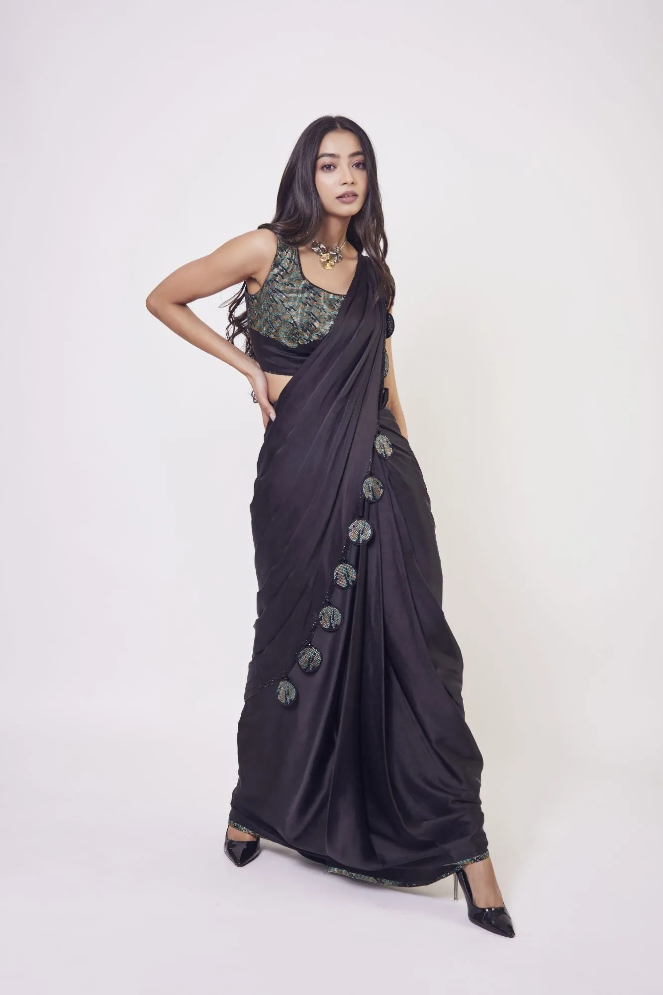 90Z957-RO Black Satin Pre Stiched Saree Set