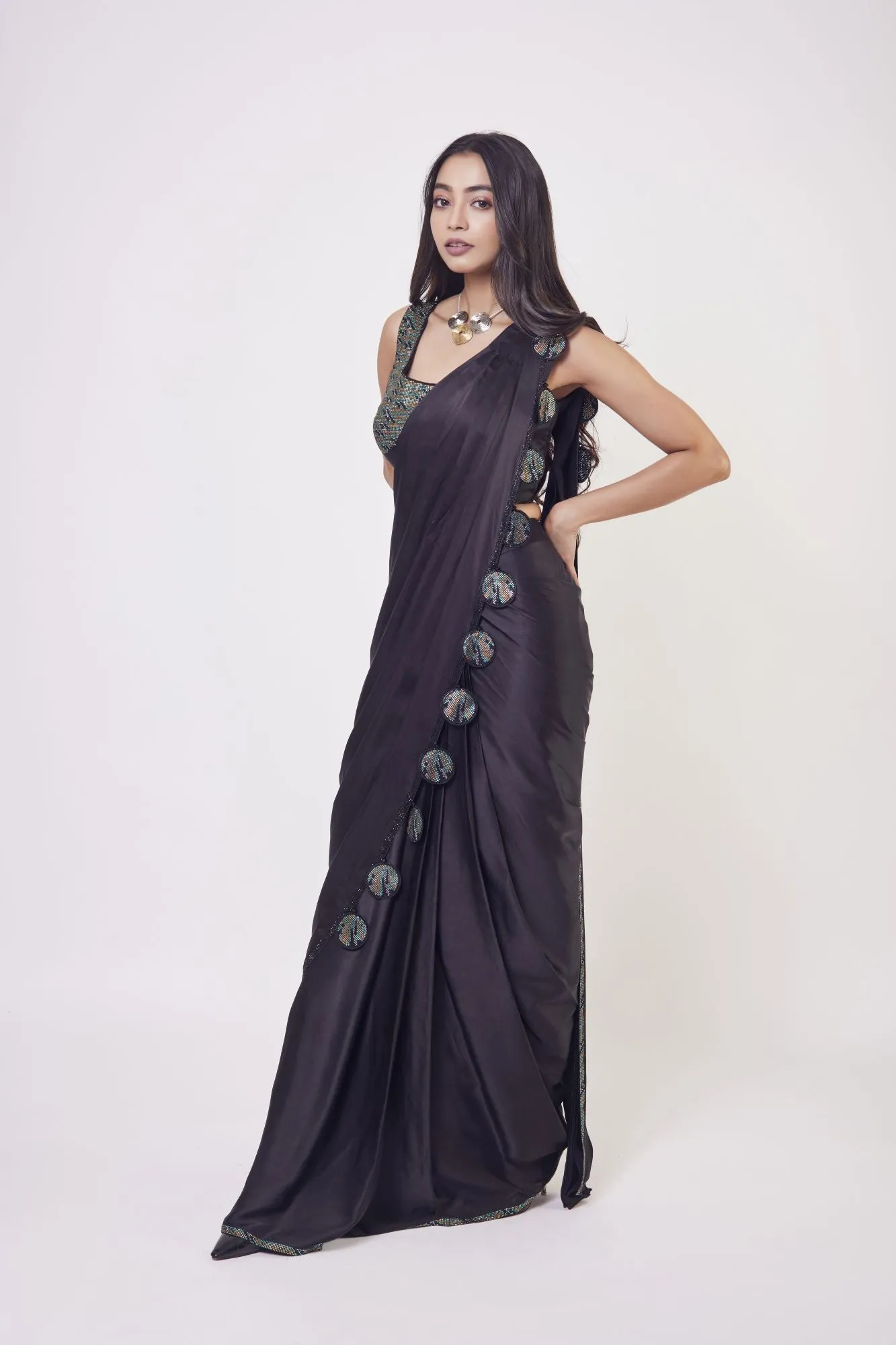 90Z957-RO Black Satin Pre Stiched Saree Set