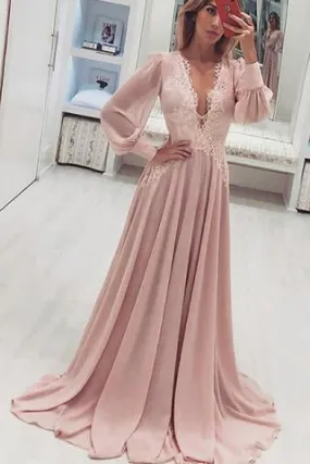 A-Line Deep V-Neck Long Pink Chiffon Prom Dress With Appliques Long Sleeves