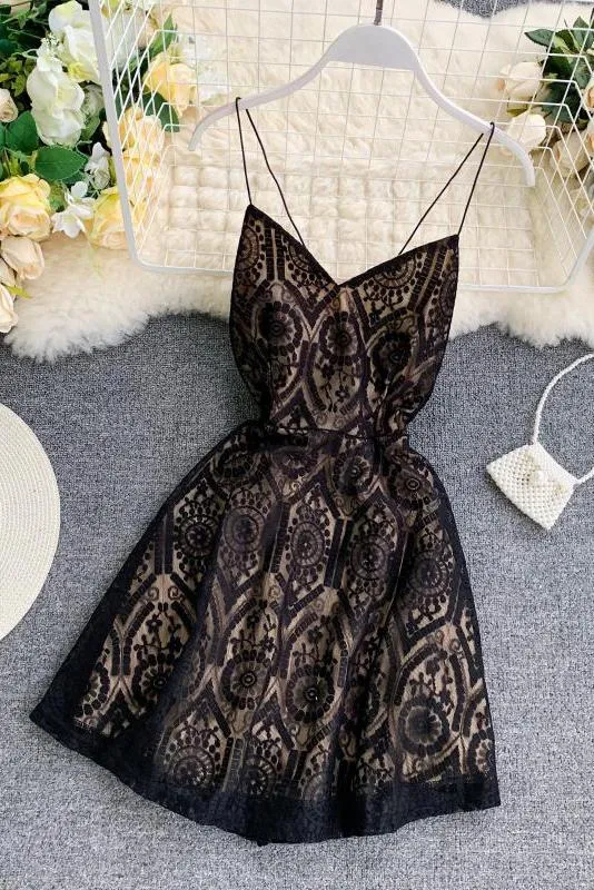 A Line Spaghetti Straps Lace V Neck Navy Blue Homecoming Dresses, Sweet 16 Dresses STK15555