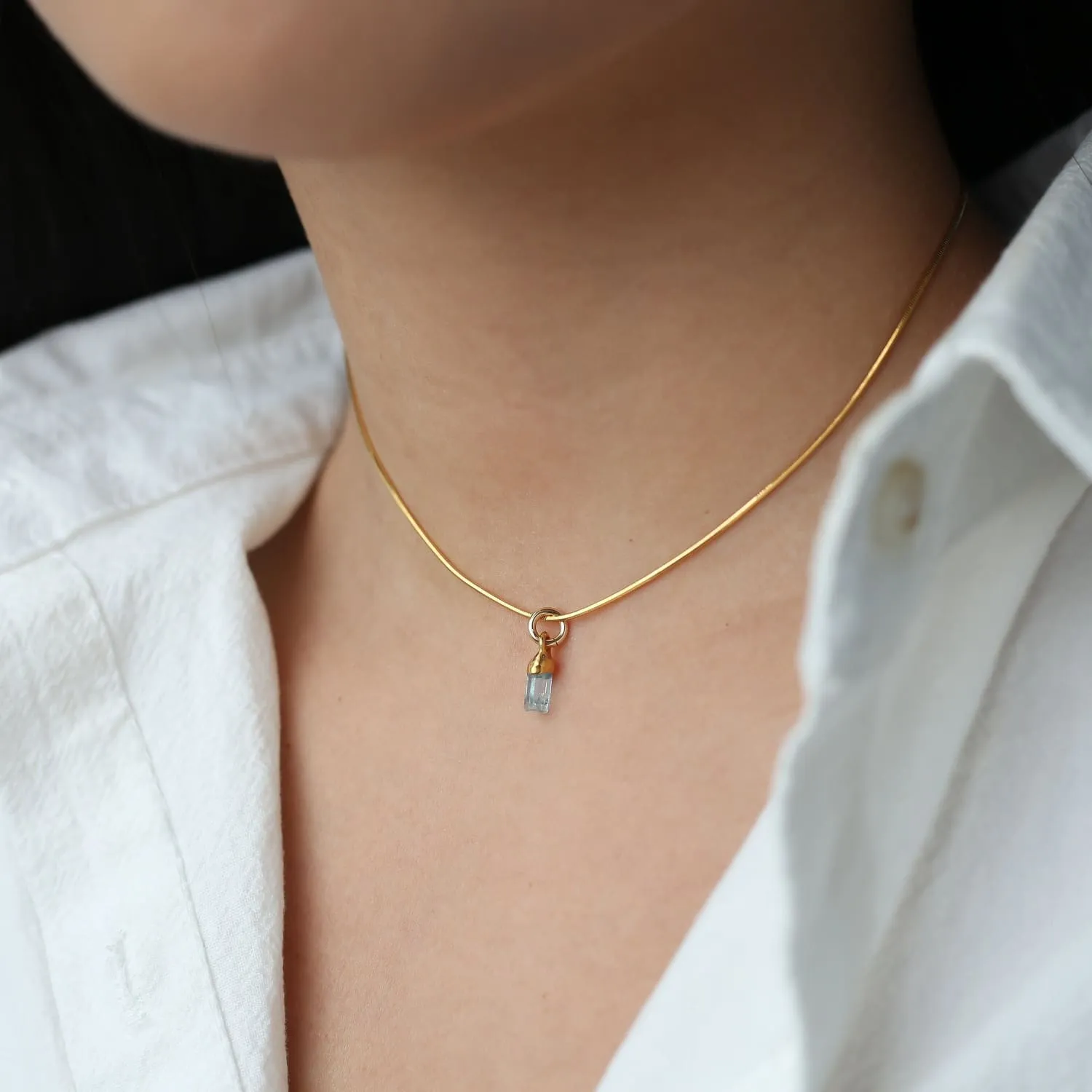 Aquamarine Choker • Raw Gemstone Crystal Necklace • 24k Gold Filled Snake Chain • Simple Dainty Small Stone • March Birthstone • 14 inch