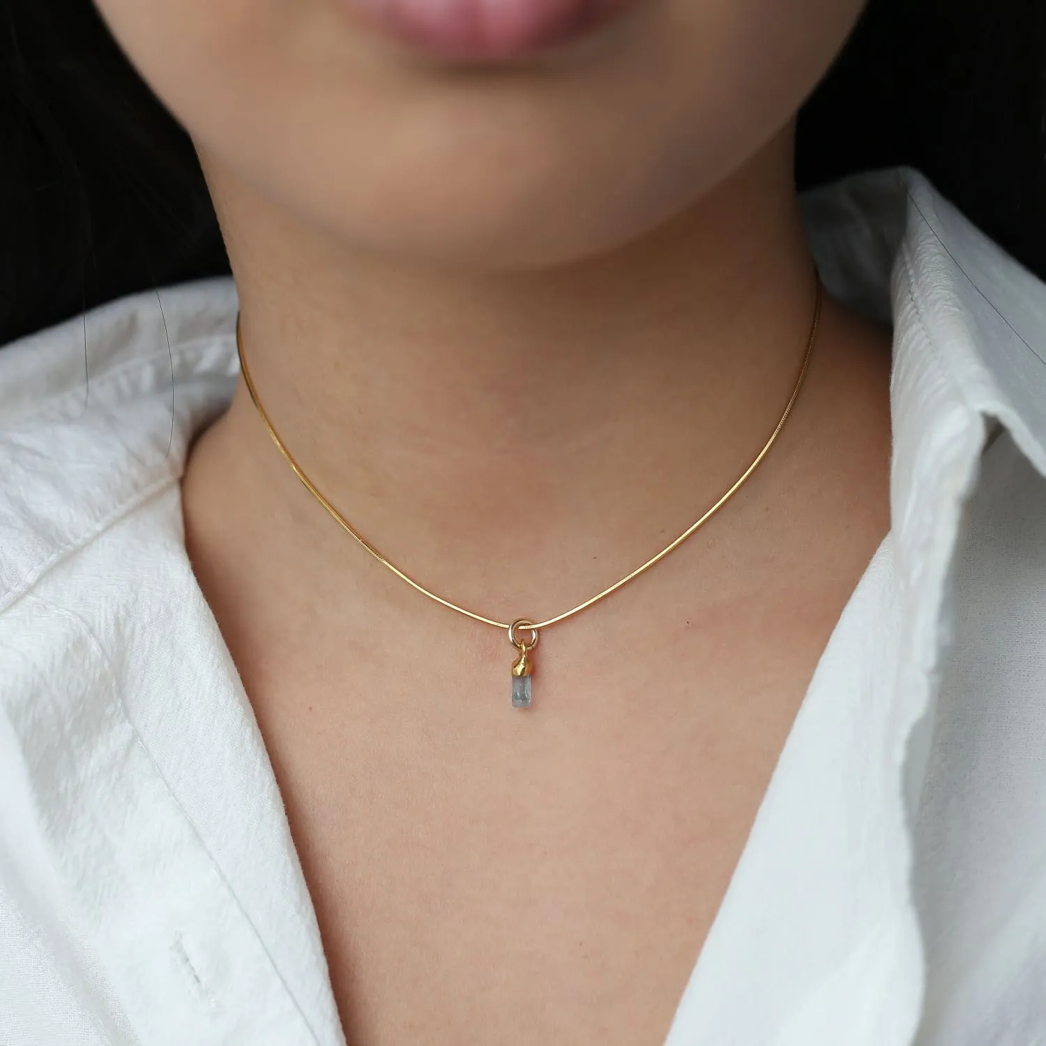 Aquamarine Choker • Raw Gemstone Crystal Necklace • 24k Gold Filled Snake Chain • Simple Dainty Small Stone • March Birthstone • 14 inch